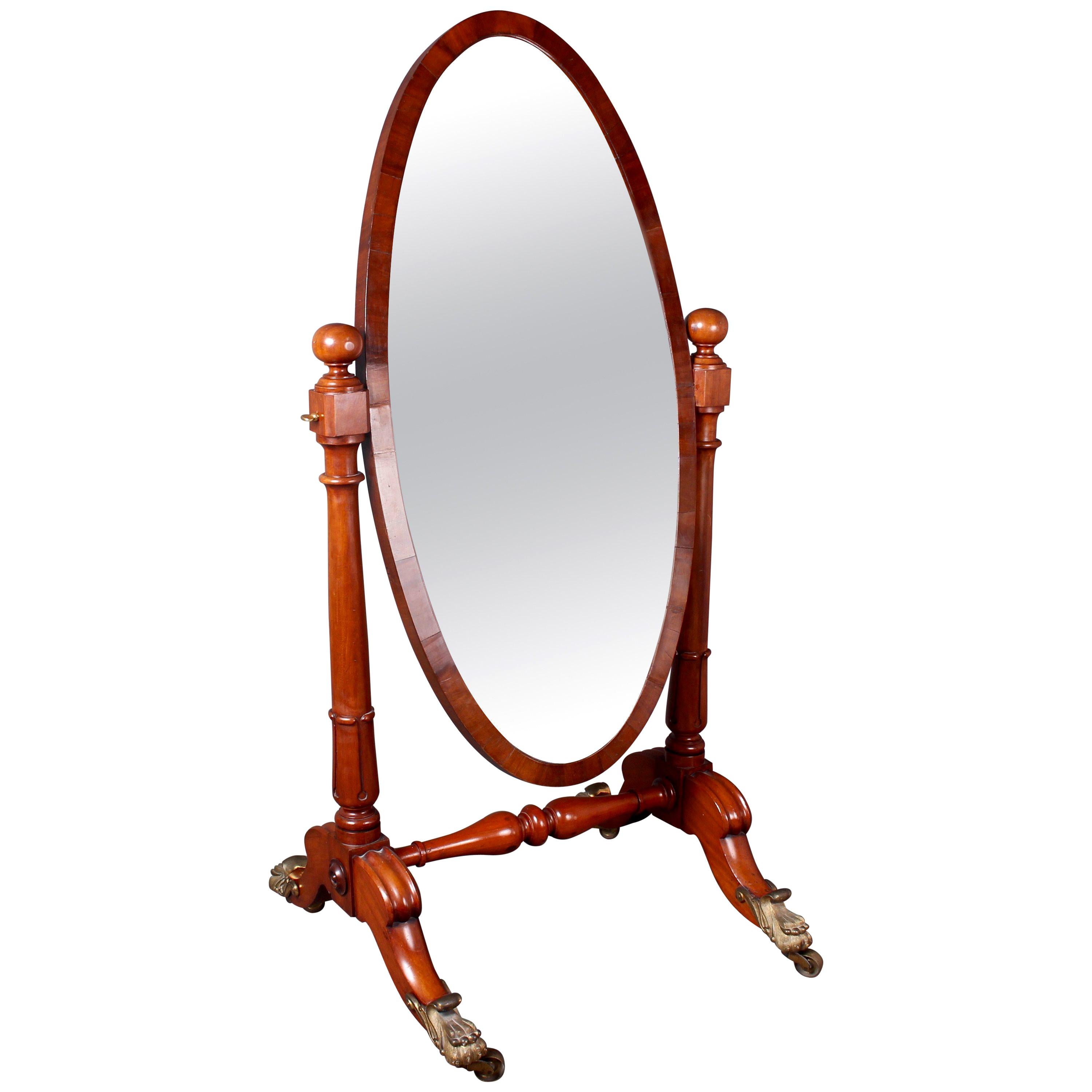 William IV Mahogany Cheval Mirror with Gilt Metal Lions Paw Feet For Sale