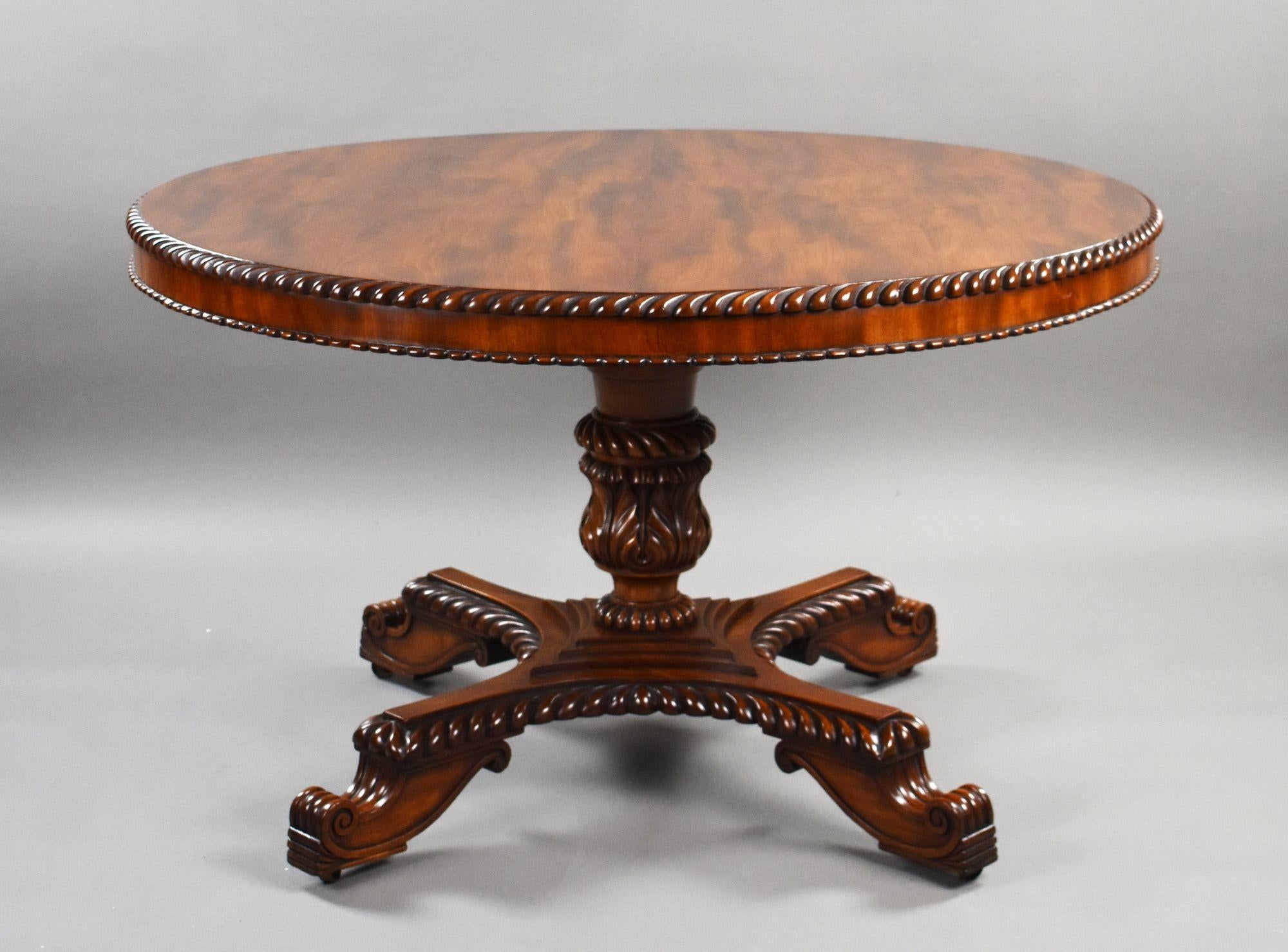 Table à déjeuner en acajou de style William IV
Code de l'article : 1324
Superbe table à déjeuner circulaire en acajou d'époque William IV, d'une couleur et d'une forme excellentes. Le plateau basculant, magnifiquement figuré, est bordé d'une bordure