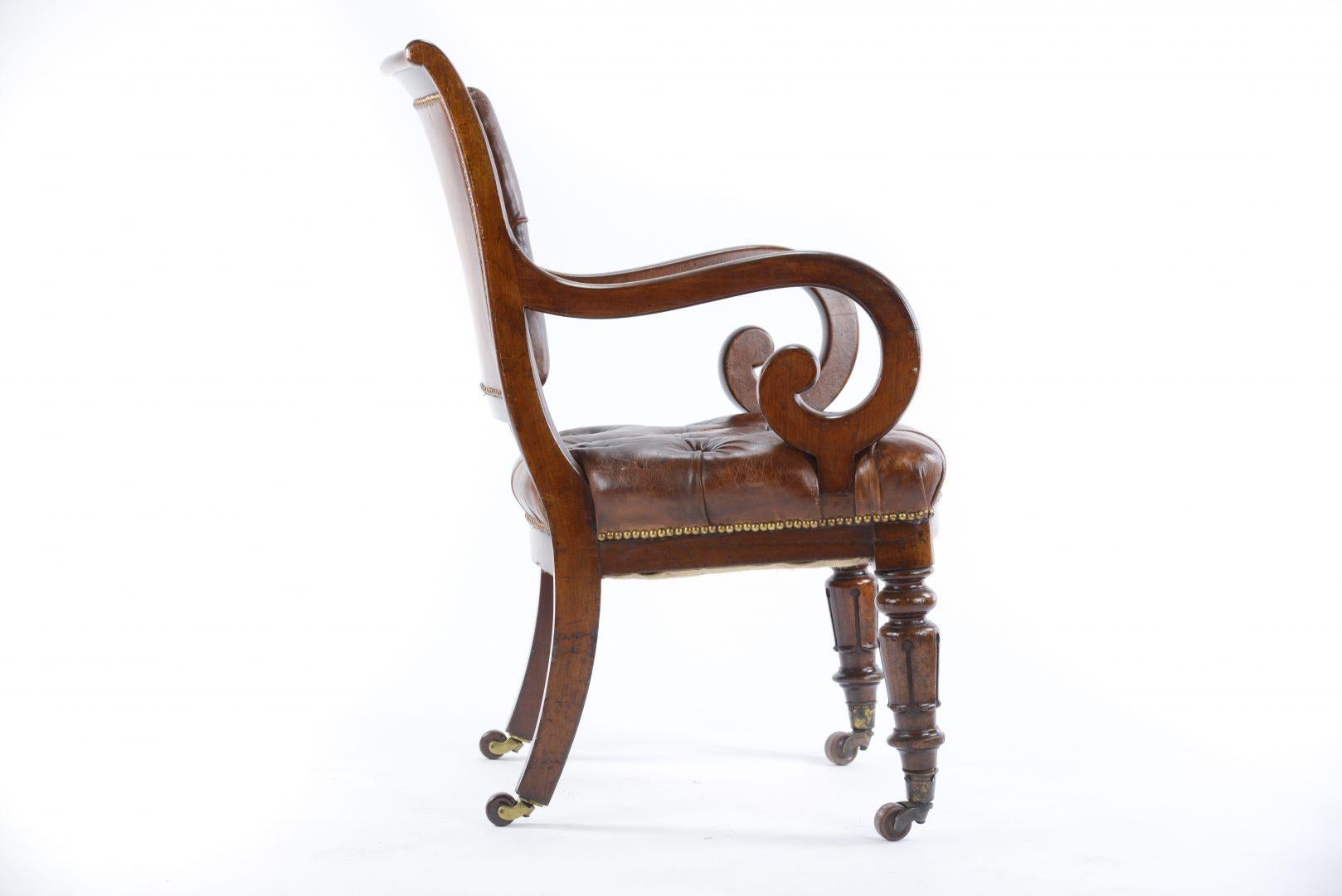 A William IV mahogany desk chair, now with deep buttoned brown leather upholstery on brass castors, attributed to Gillows.

Gillows of Lancaster and London, also known as Gillow & Co., was an English furniture making firm based in Lancaster,