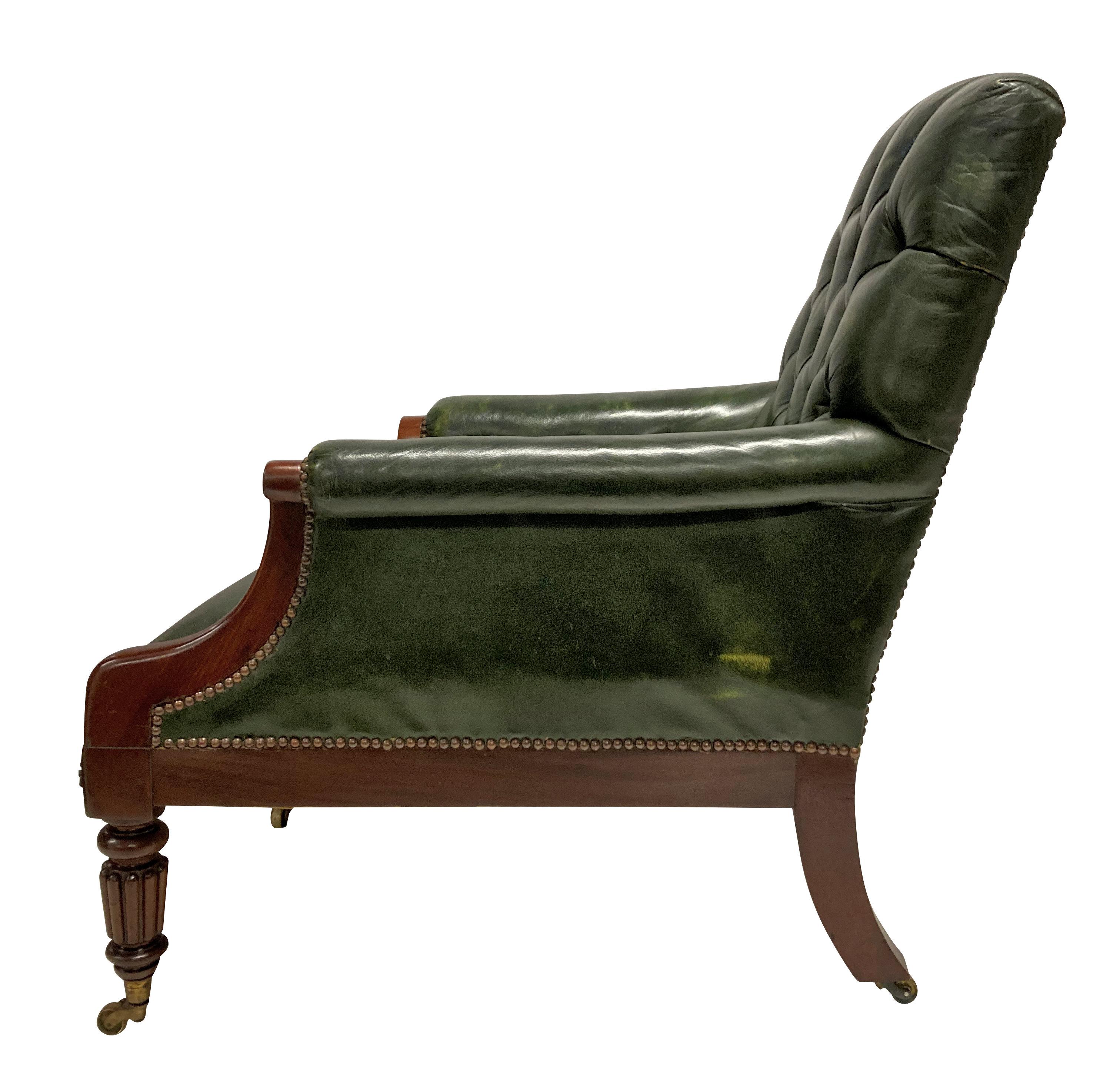 English William IV Mahogany & Leather Library Chair For Sale