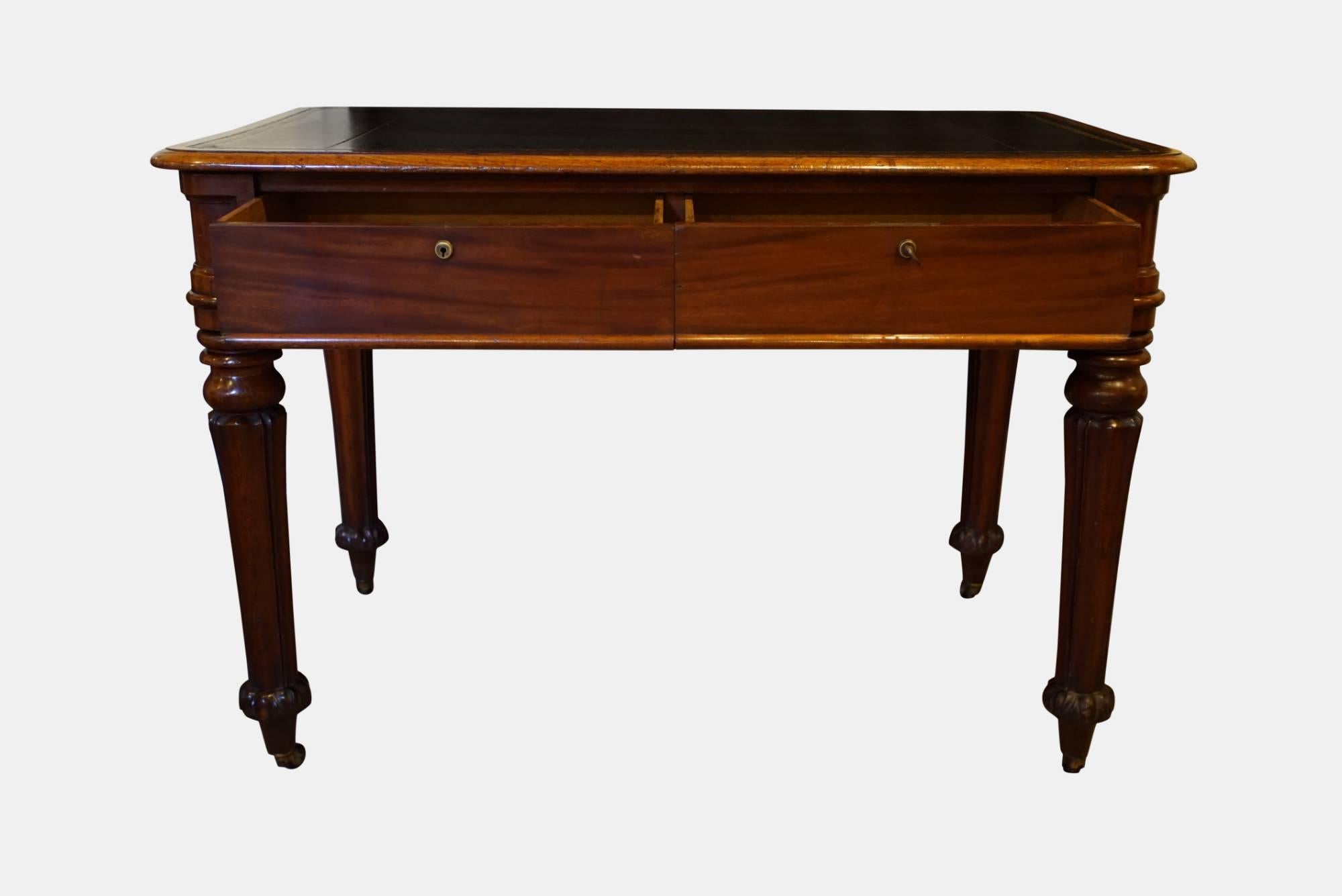 A William IV mahogany partners writing table of small size with 4 drawers, raised on carved reeded legs with panelled corners,


circa 1835.