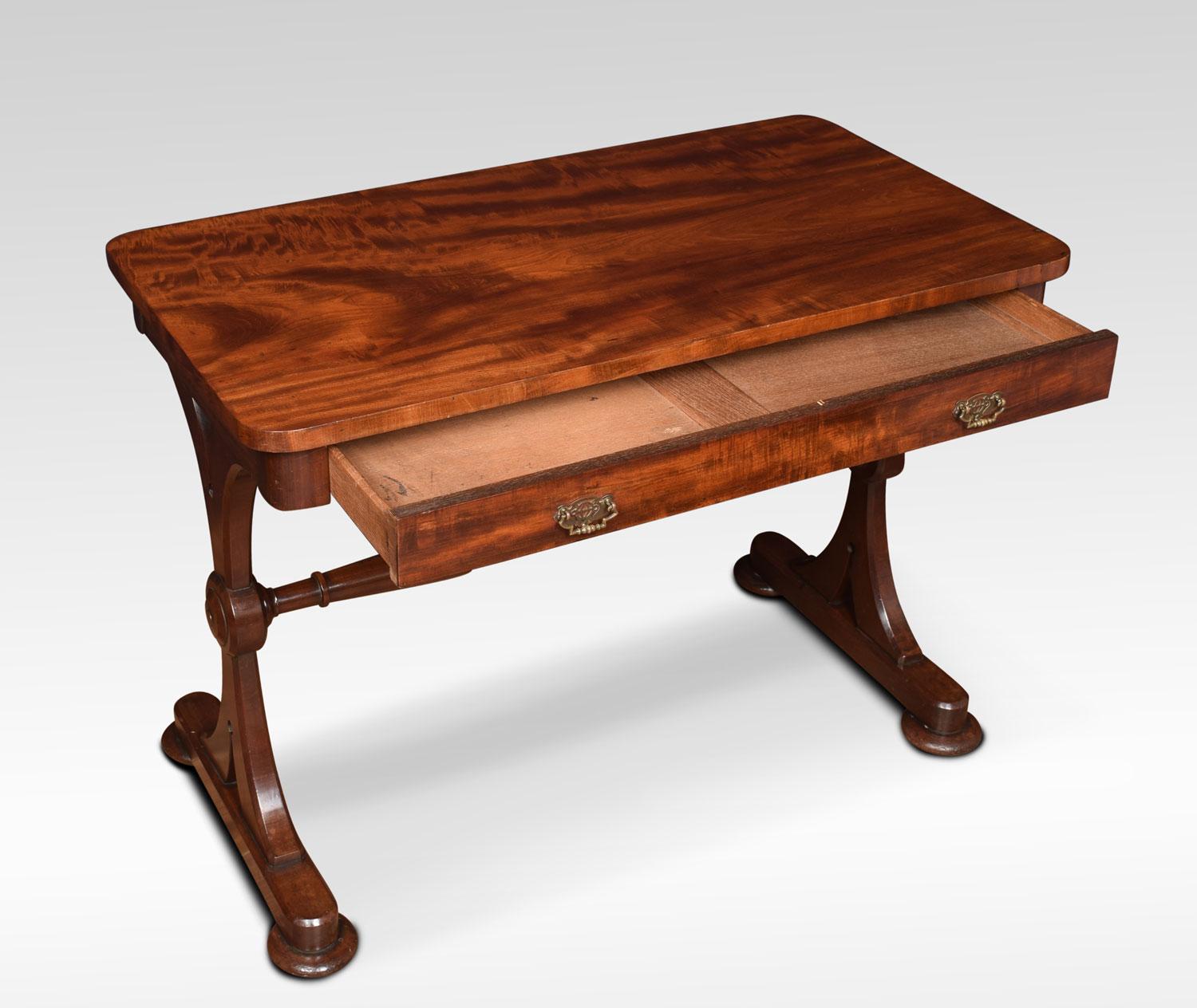 William IV side table, the large rectangular figured mahogany top above freeze draw fitted with brass handles. All raised up on twin end supports united by stretcher. Terminating on bun turned feet with original castors.
Dimensions:
Height 28