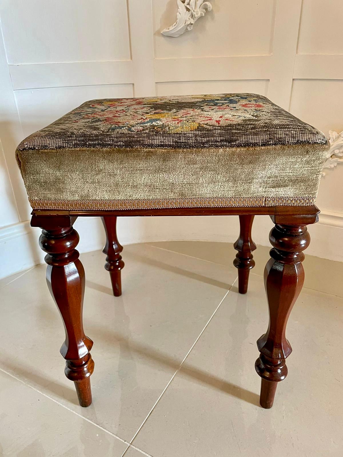 Antique William IV mahogany stool having a pretty mahogany freize and standing on beautiful octagonal turned and shaped tapering legs.

In lovely original condition covered in a flowered tapestry.

We are able to offer a re-upholstery service on