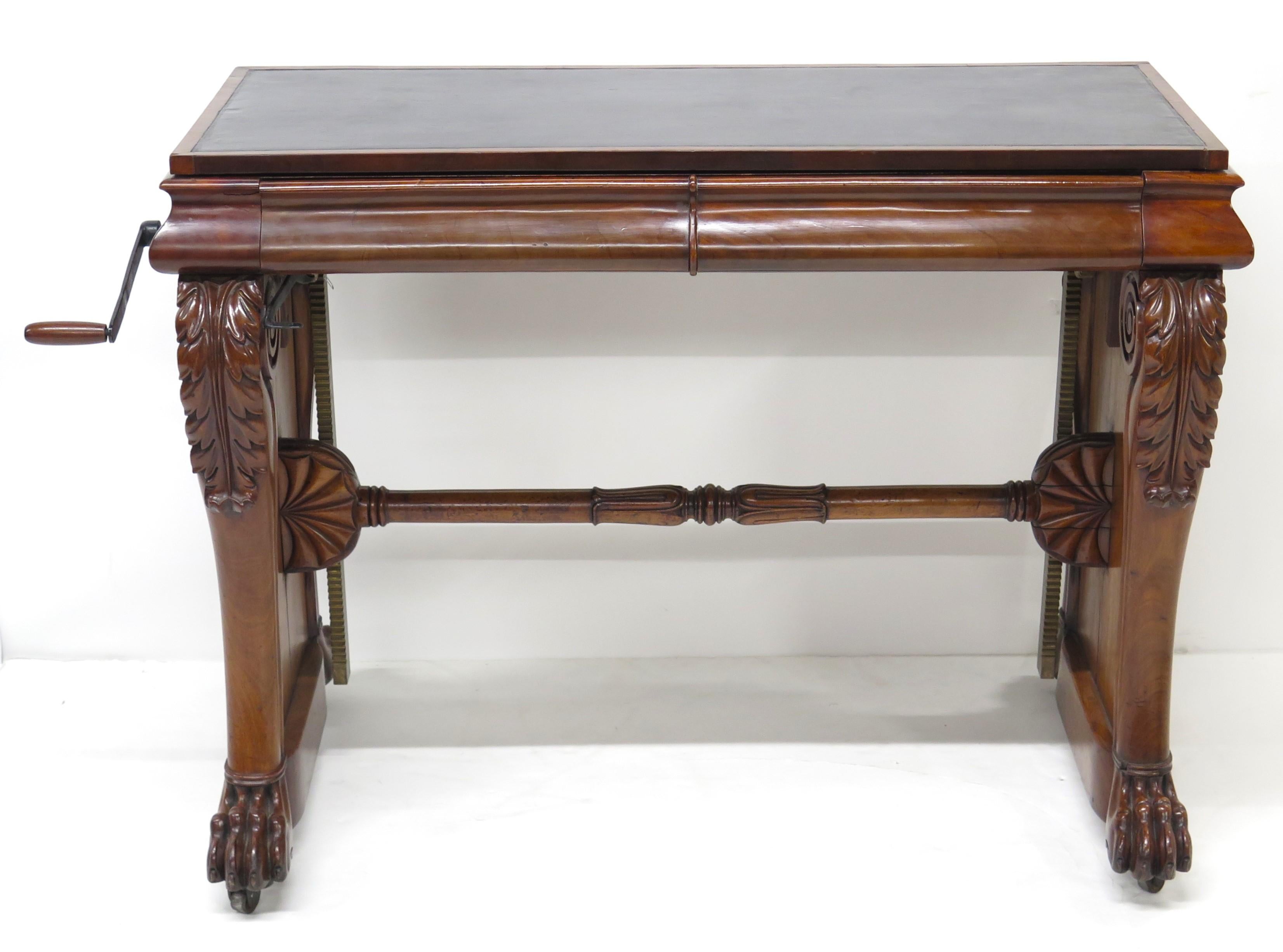 William IV Mahogany Stretcher Based Library Table with Black Leather Top For Sale 13