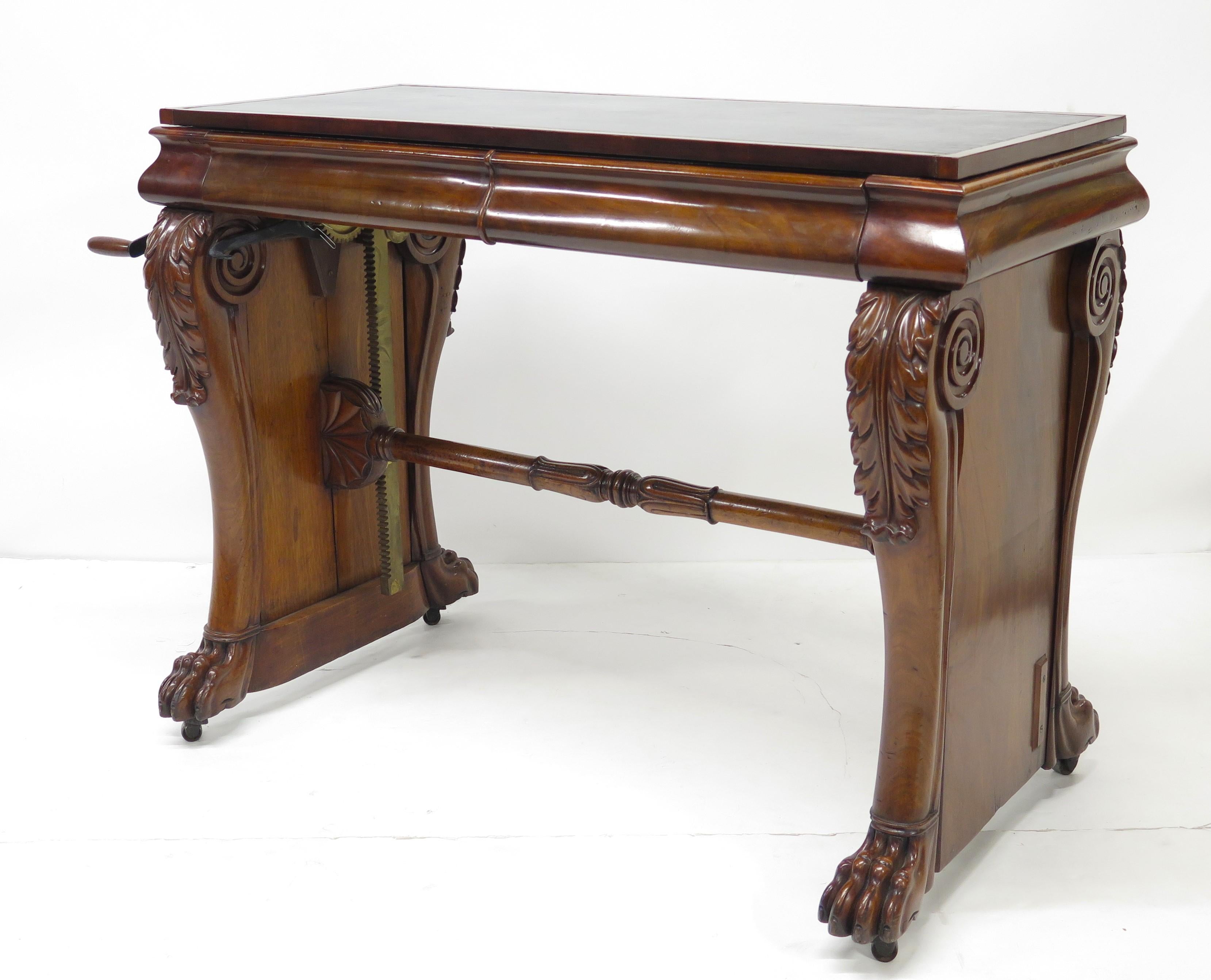 Irish William IV Mahogany Stretcher Based Library Table with Black Leather Top For Sale