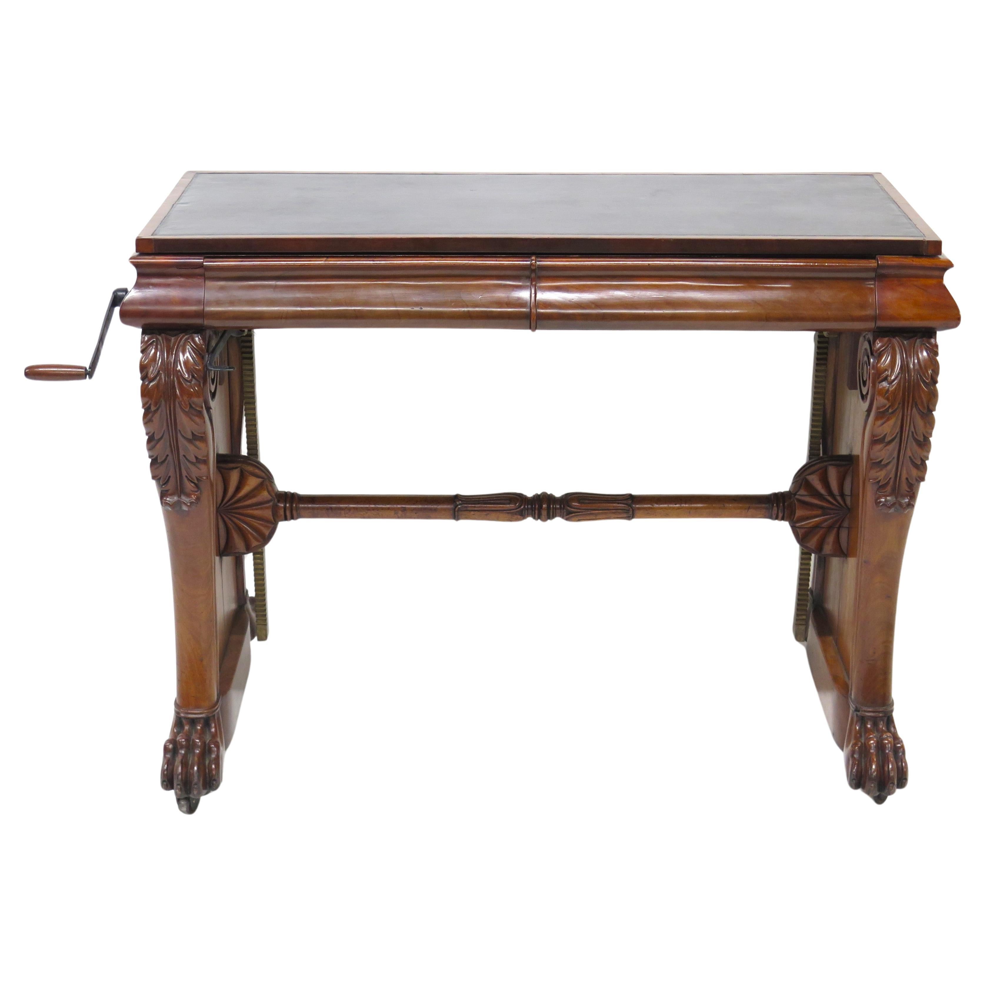 Table de bibliothèque à roulettes en acajou William IV avec plateau en cuir noir