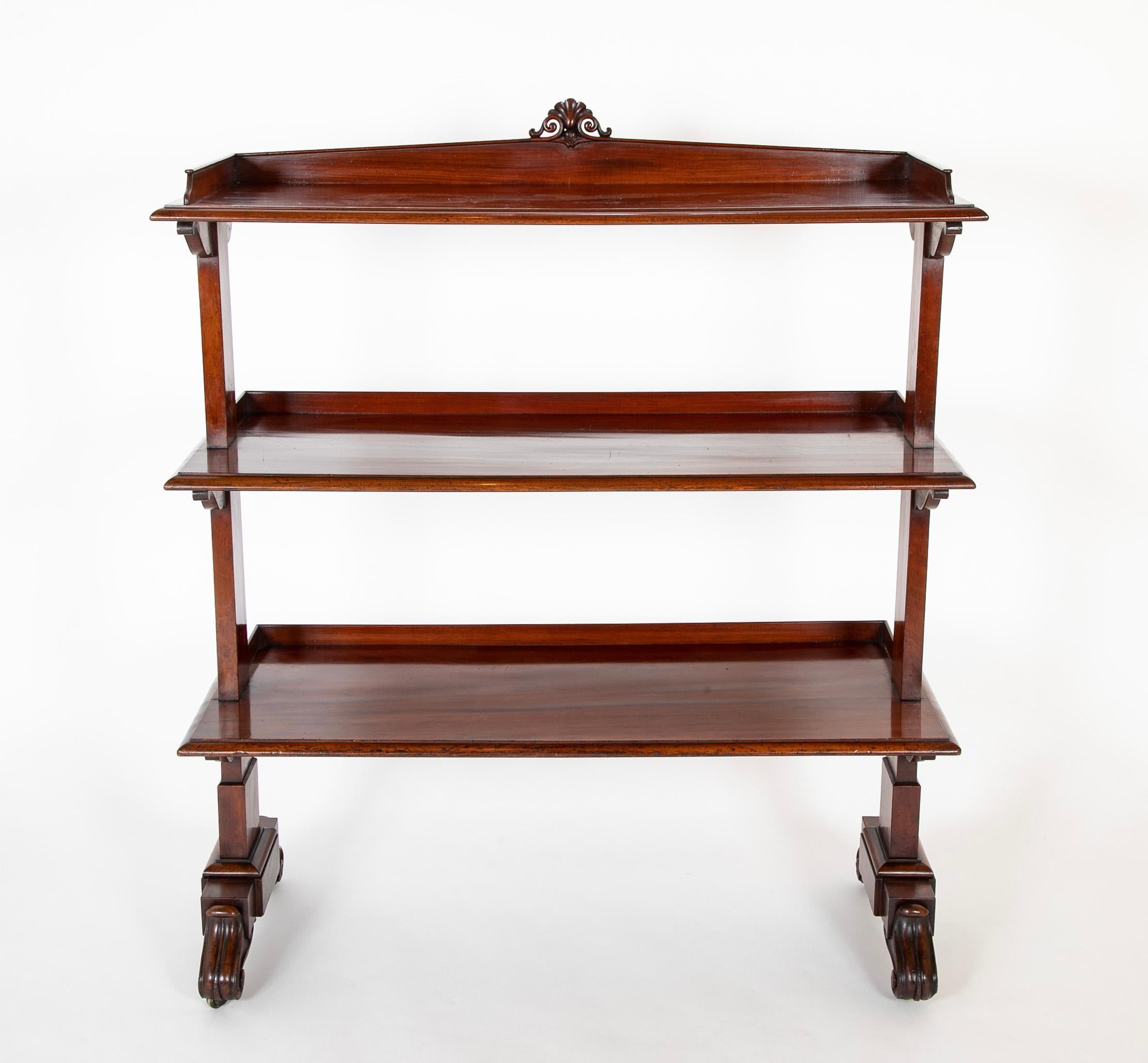 19th Century English William IV mahogany three tier etagere, also called a dumbwaiter as it was originally used as a food buffet. With three graduated shelves with raised molding on the backs. Beautiful hand carved details. This piece makes a