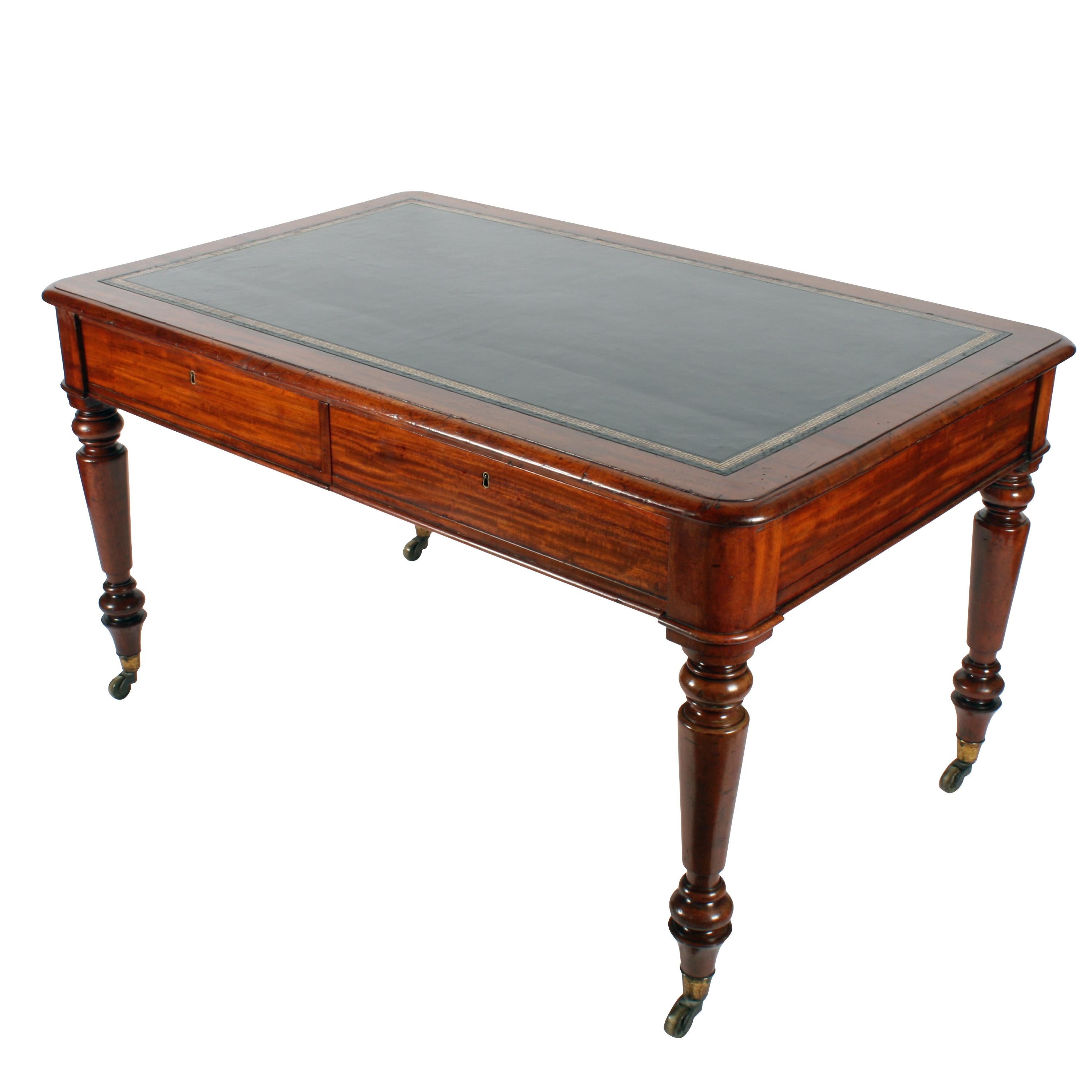 A mid-19th century William IV mahogany four-drawer writing table.

The table has a black hide writing surface and stands on four turned mahogany legs with Cope & Collinson patent gilt brass casters.

The four drawers are mahogany lined and have