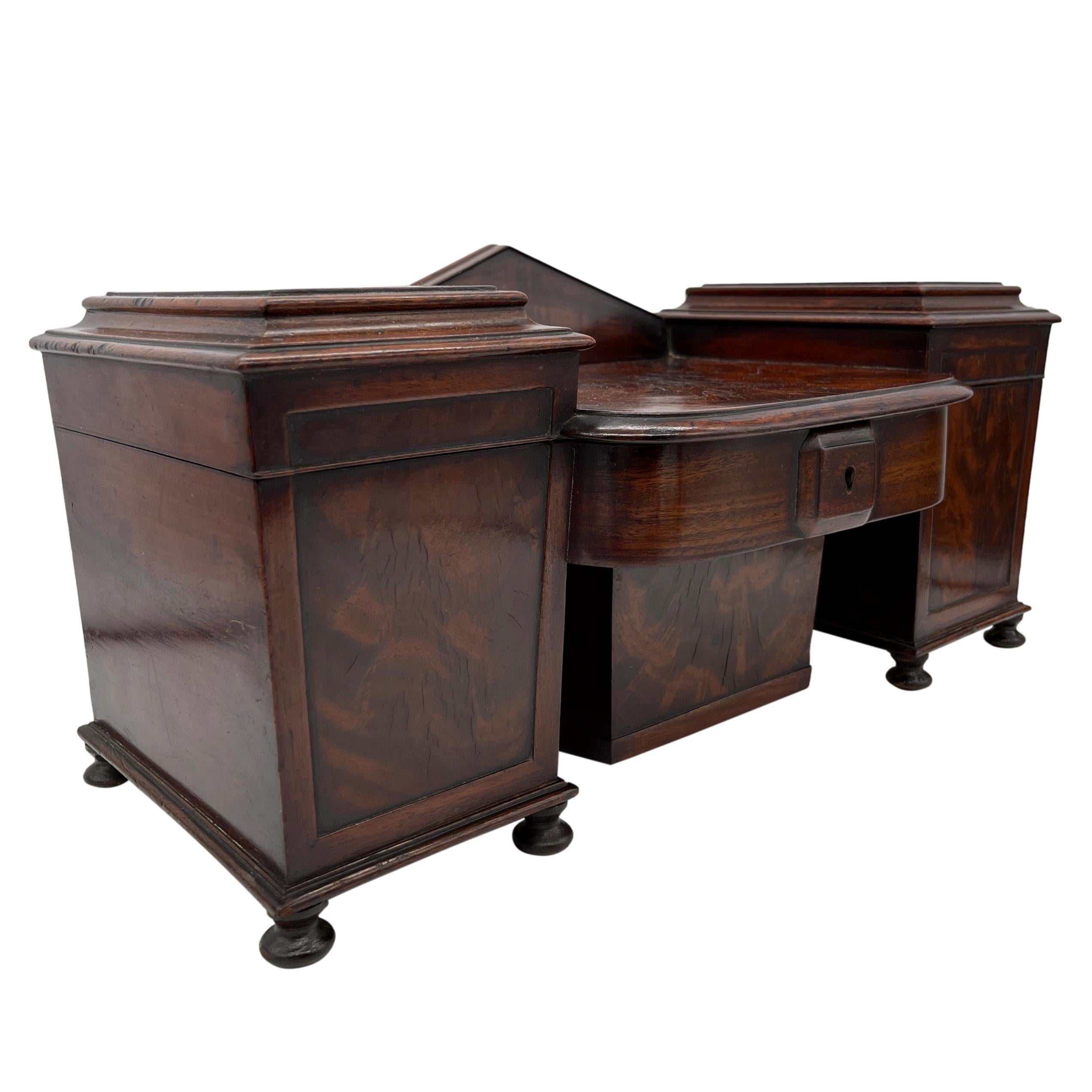 Hand-Crafted William IV Miniature Sideboard-Form Flame Mahogany Tea Caddy, English, ca. 1835 For Sale