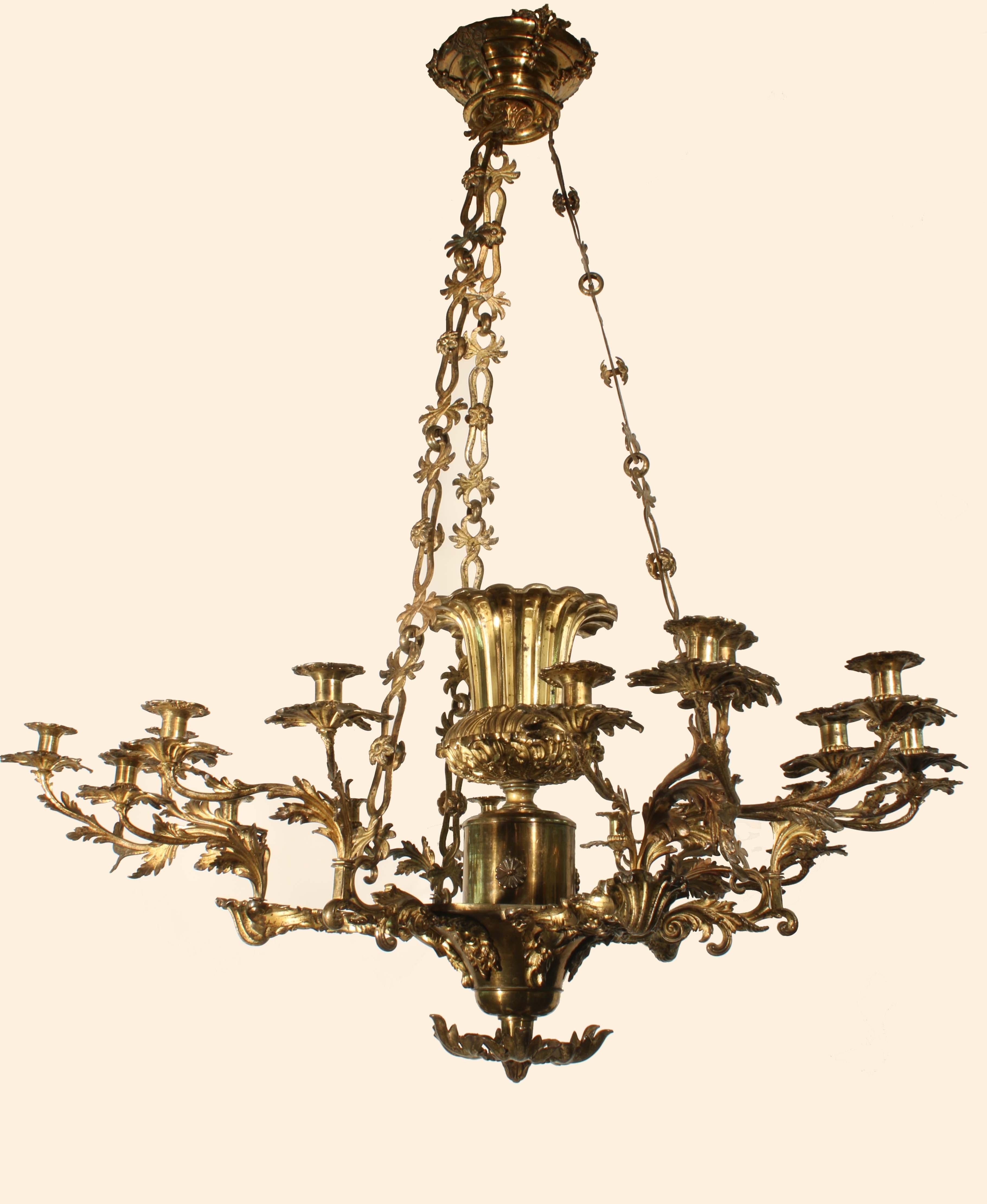 This sumptuous chandelier is for a connoisseur. Unwired, it is the perfect accompaniment to a room full of Fine quality furniture from the 18th and 19th century. Centered by a large fluted urn of campana form, the candle cups are on six branches,