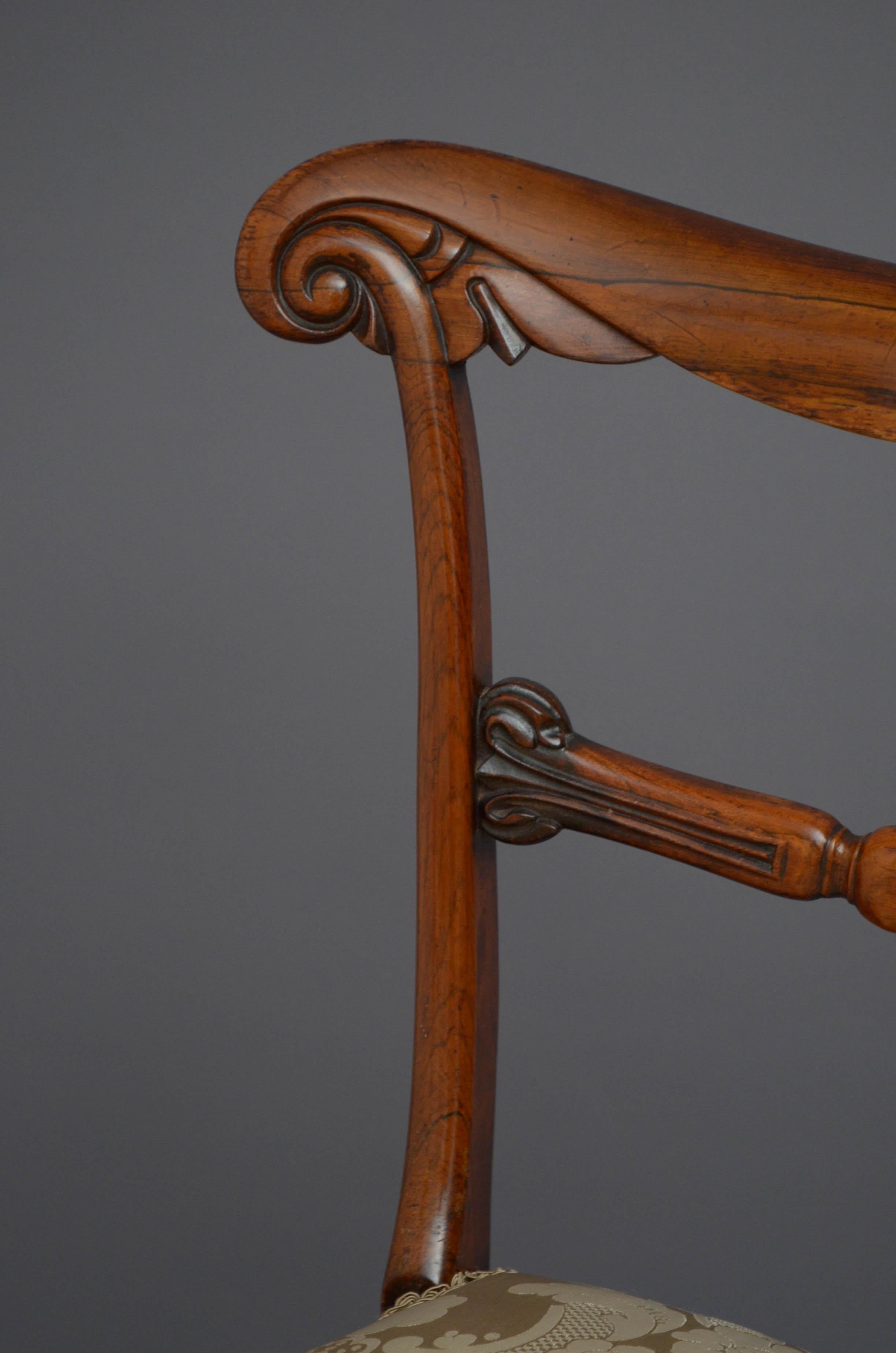 Sn5088 stylish william IV rosewood dressing table or side chair, having shaped and carved top rail above carved mid rails and overstuffed chair with new cover, standing on turned tulip carved legs. This antique chair retains its original finish and