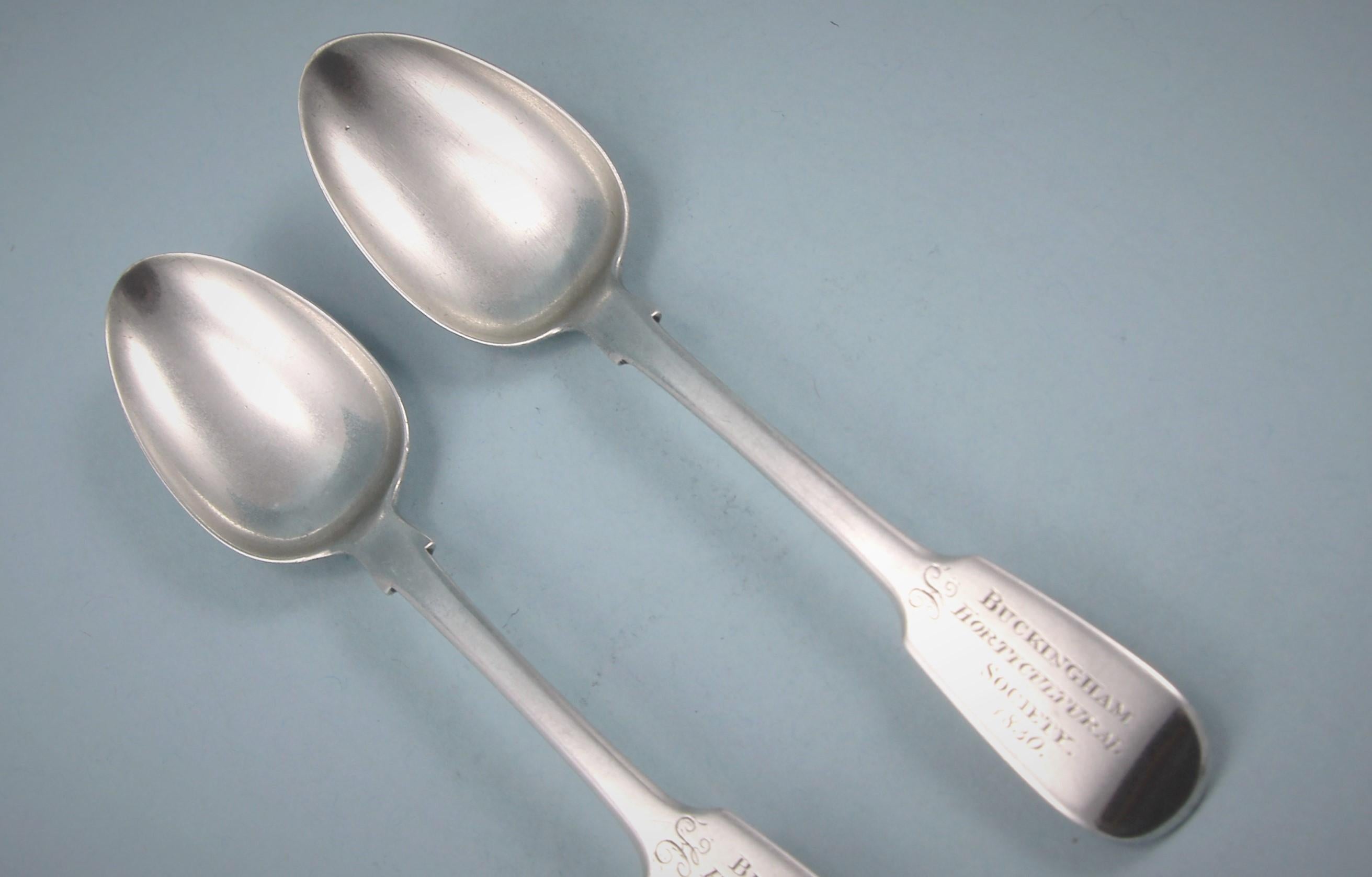 Very nice pair of William IV sterling silver Buckingham Horticultural Society prize teaspoons.
Maker: William Eaton. London 1830  

According to the Gardener's Magazine Vol VI 1830 these spoons were awarded to Mr Horwood of Bicester for a variety