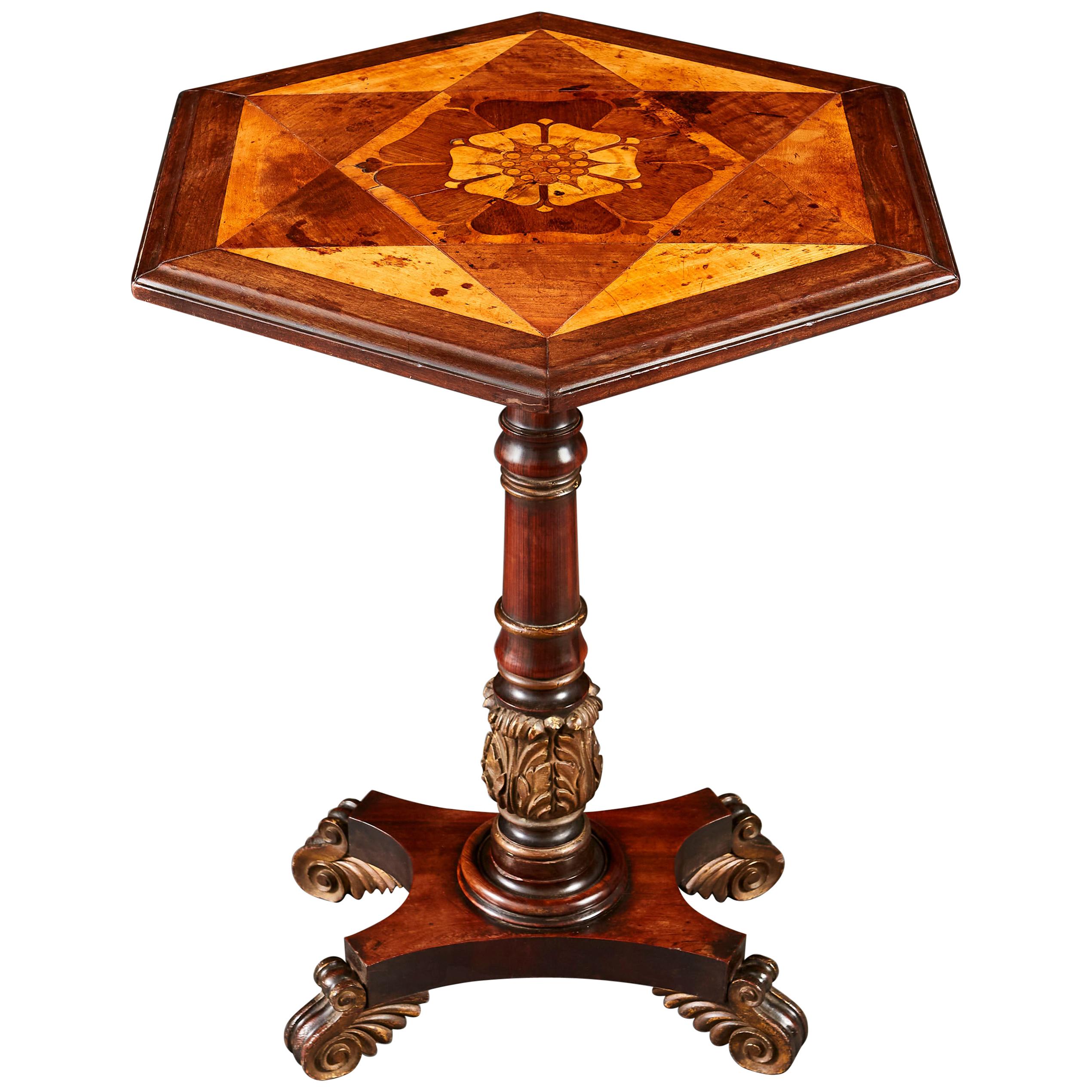 William IV Parquetry Occasional Table with Hexagonal Top Inlaid with Tudor Rose