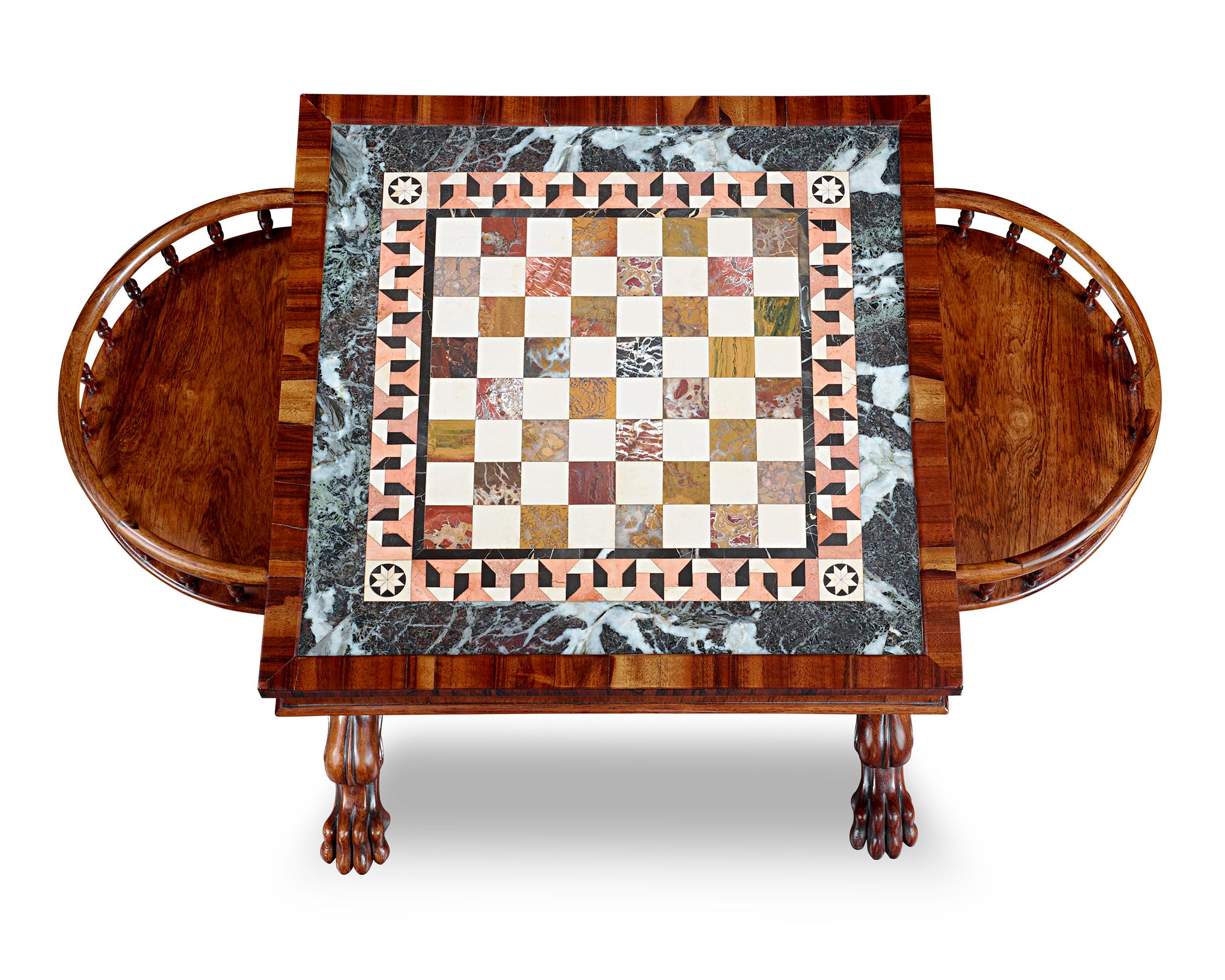 A luxurious array of rare marbles and hard stones are inset into the playing surface of this William IV-period chess table. The visually appealing arrangement incorporates specimens with a variety of unique patterns and colors, including marbles