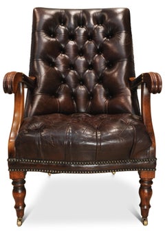 William IV Polierte Antike Brown Leder Chesterfield Bibliothek Stuhl auf Rollen