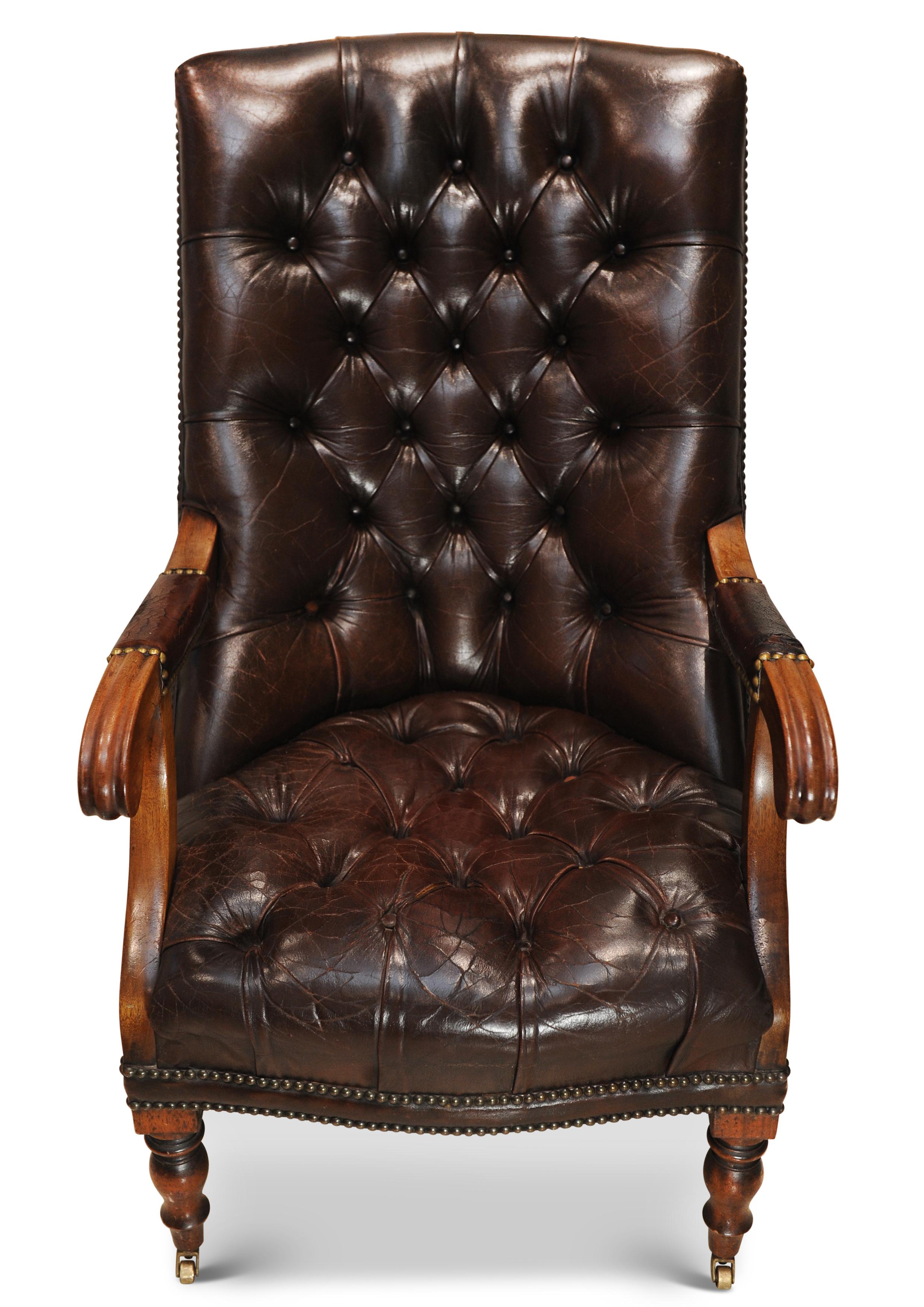 English William IV Polished Antique Brown Leather Chesterfield Library Chair On Castors For Sale