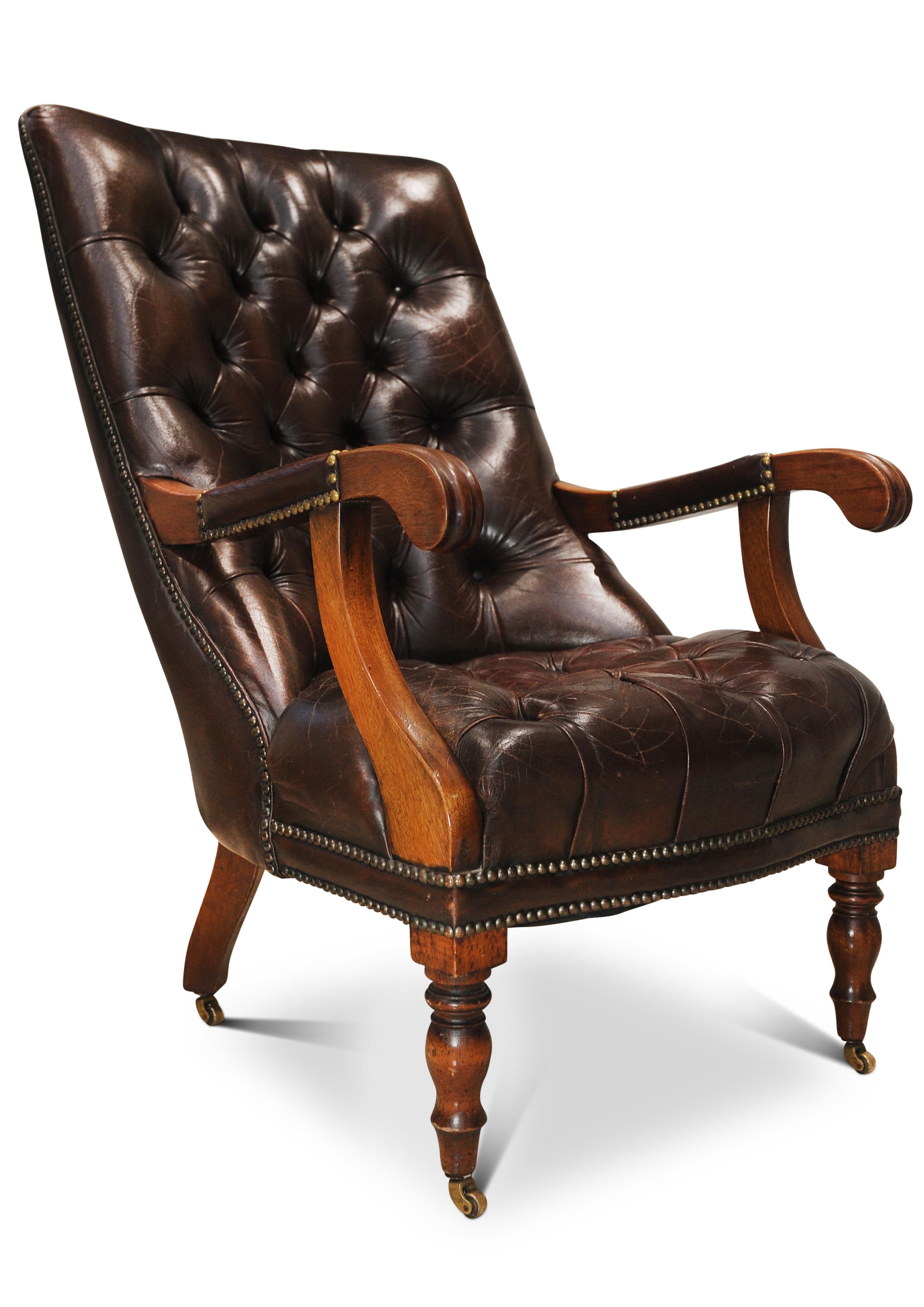 William IV Polished Antique Brown Leather Chesterfield Library Chair On Castors In Good Condition For Sale In Reading, Berkshire