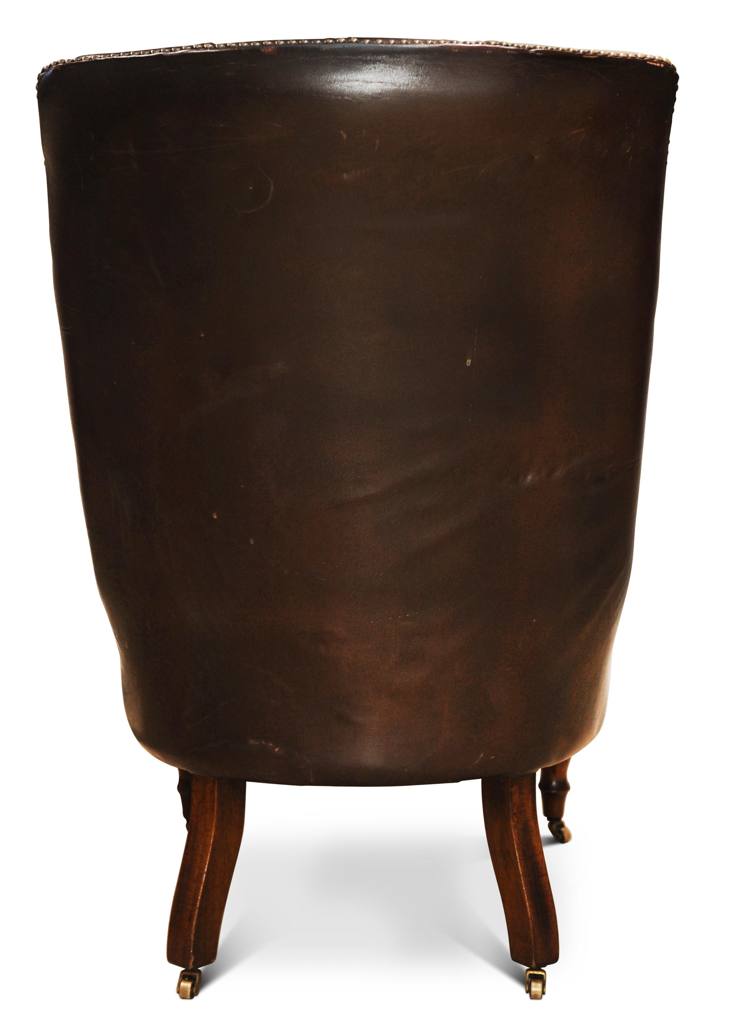 Brass William IV Polished Antique Brown Leather Chesterfield Library Chair On Castors For Sale