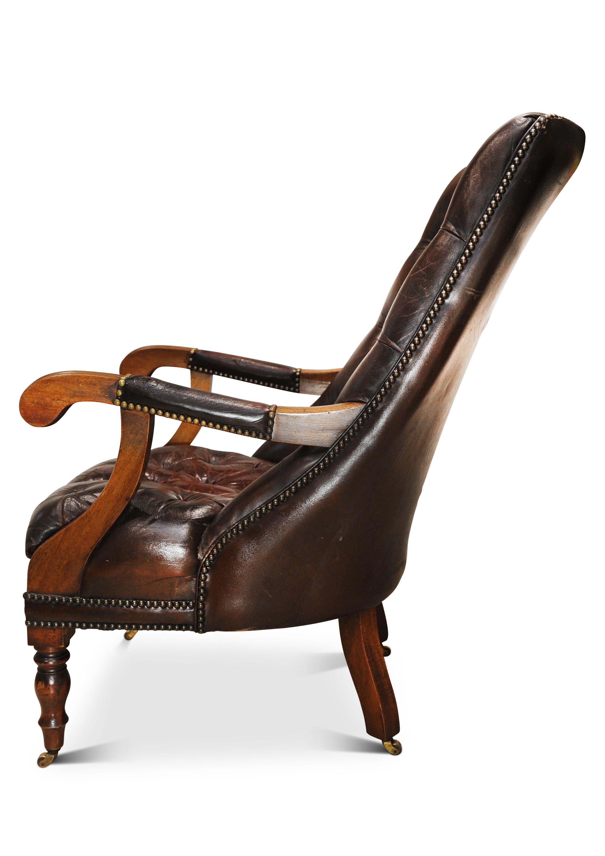 William IV Polished Antique Brown Leather Chesterfield Library Chair On Castors For Sale 1