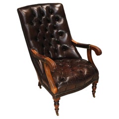 William IV Polished Antique Brown Leather Chesterfield Library Chair On Castors