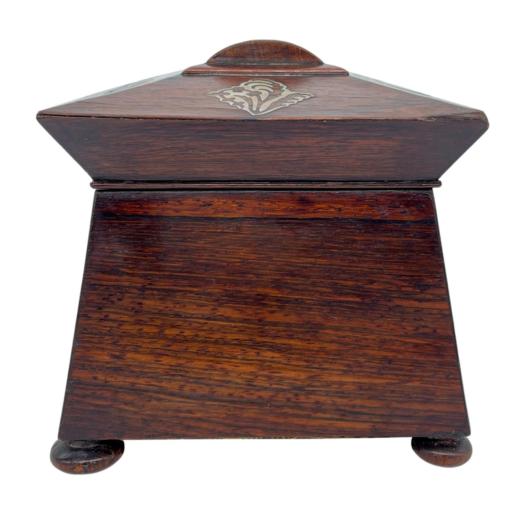 Hand-Crafted William IV Rosewood and Mother-of-Pearl Inlaid Tea Caddy, English, ca. 1835 For Sale