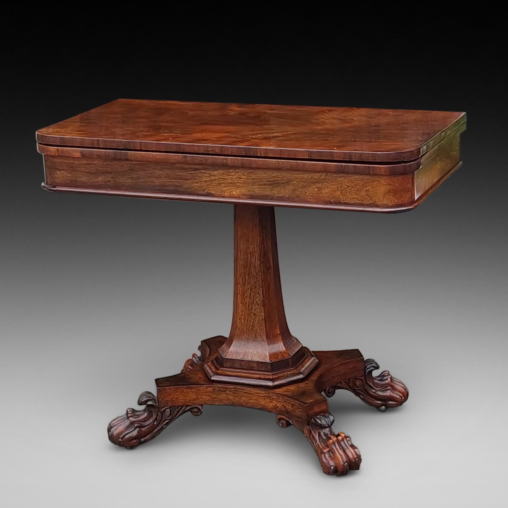 William IV Rosewood Card Table with Fold Over Baized Top on Baluster Column leading to Pedestal Base supported on Lion Paw Feet - 36