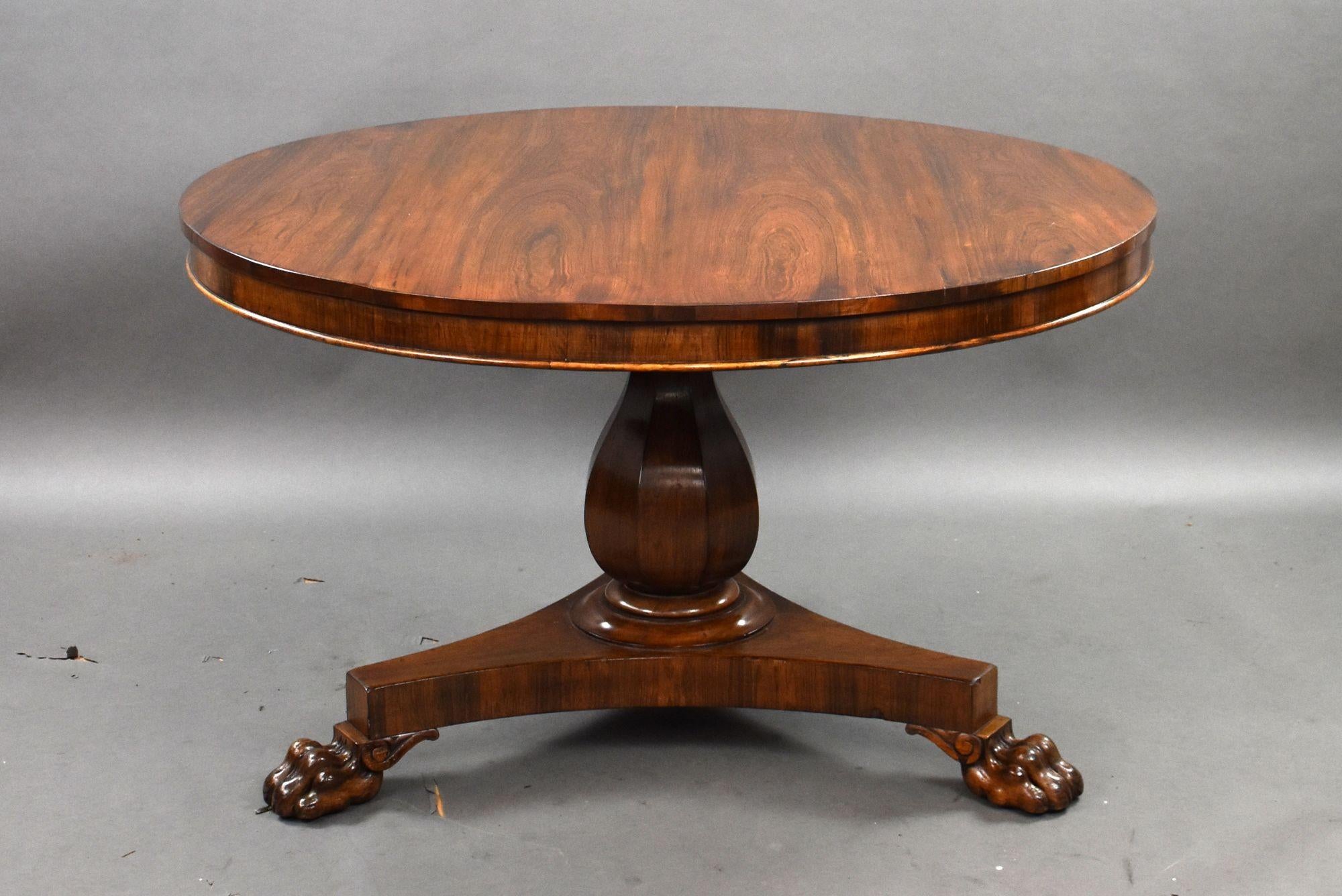 A superb William IV rosewood breakfast table, dating to the early 19th century, presented in excellent condition. This fine antique features a richly figured circular top with striking rosewood grain, supported on a bold tulip-shaped pedestal. The