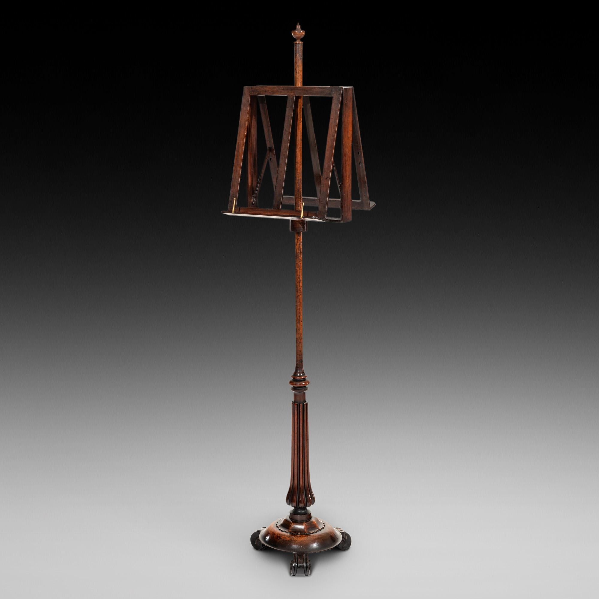 William IV Rosewood Duet Music Stand simple ratchet design lectern with adjustable height ring turned and reeded pedestal column above a faceted collar above a solid rosewood circular plinth base - 12