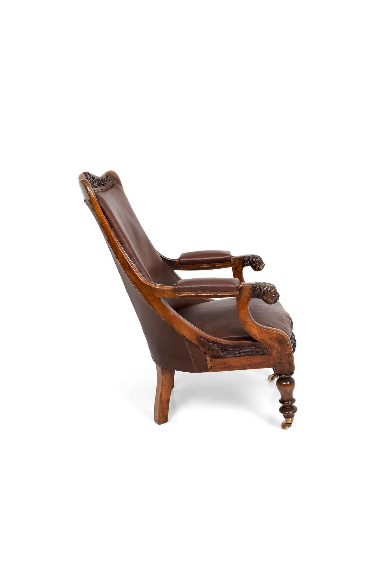 British William IV Rosewood in Original Brass Library Armchair, circa 1830 For Sale