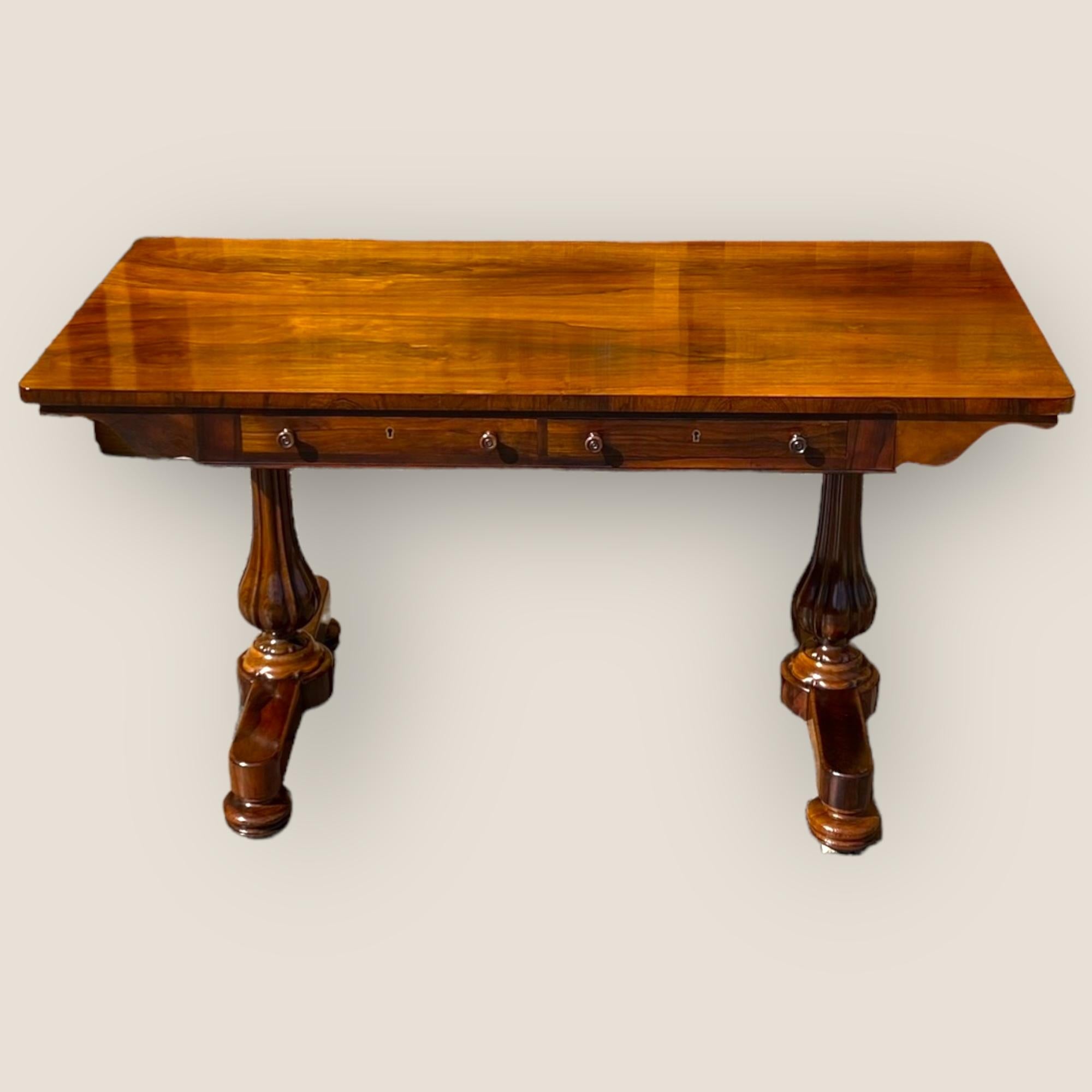 Antique William IV Rosewood Library & Writing Table with 2 Drawers Baluster Legs For Sale 3