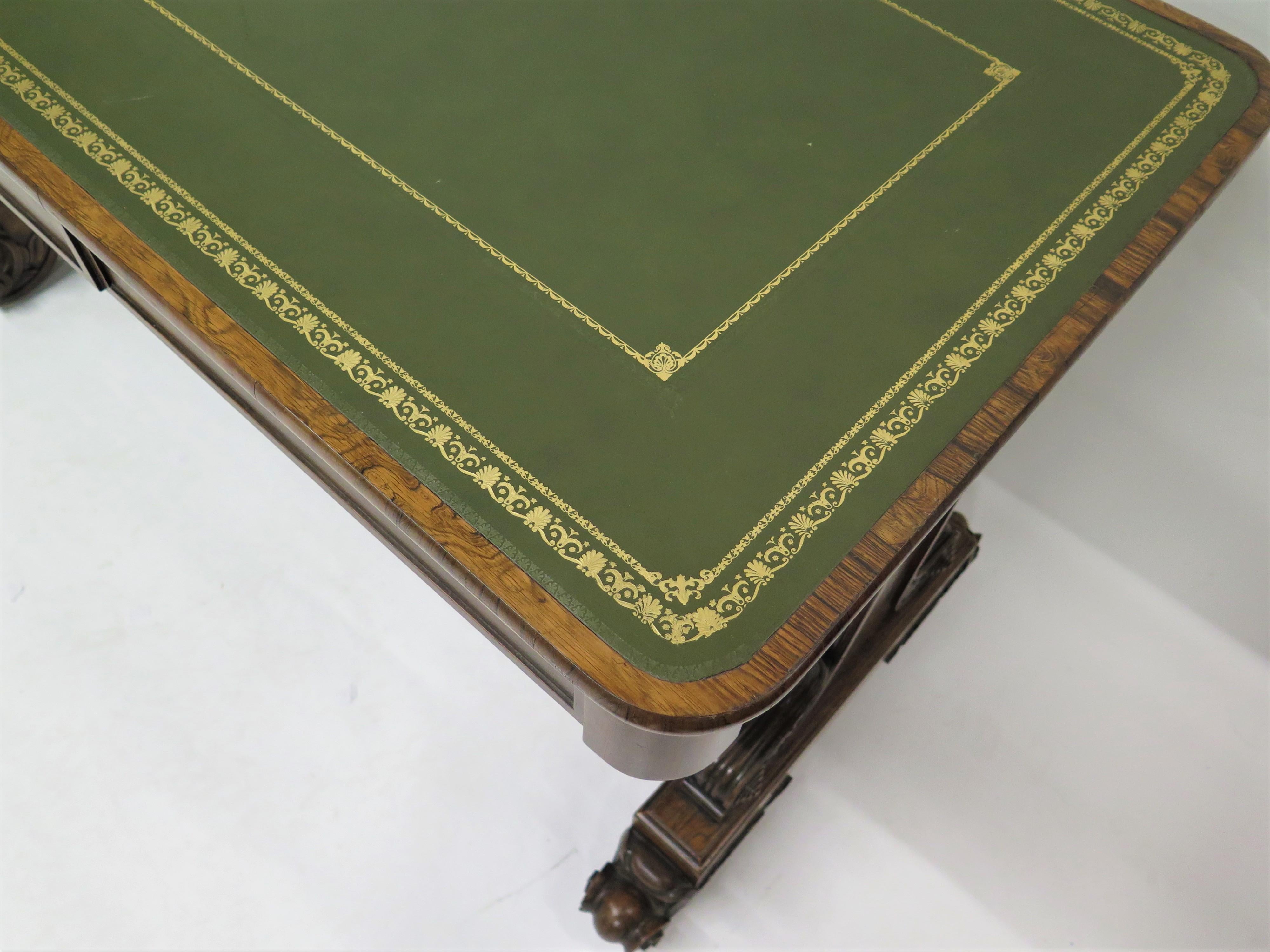 English William IV Rosewood Library / Writing Table with Green Leather Top For Sale