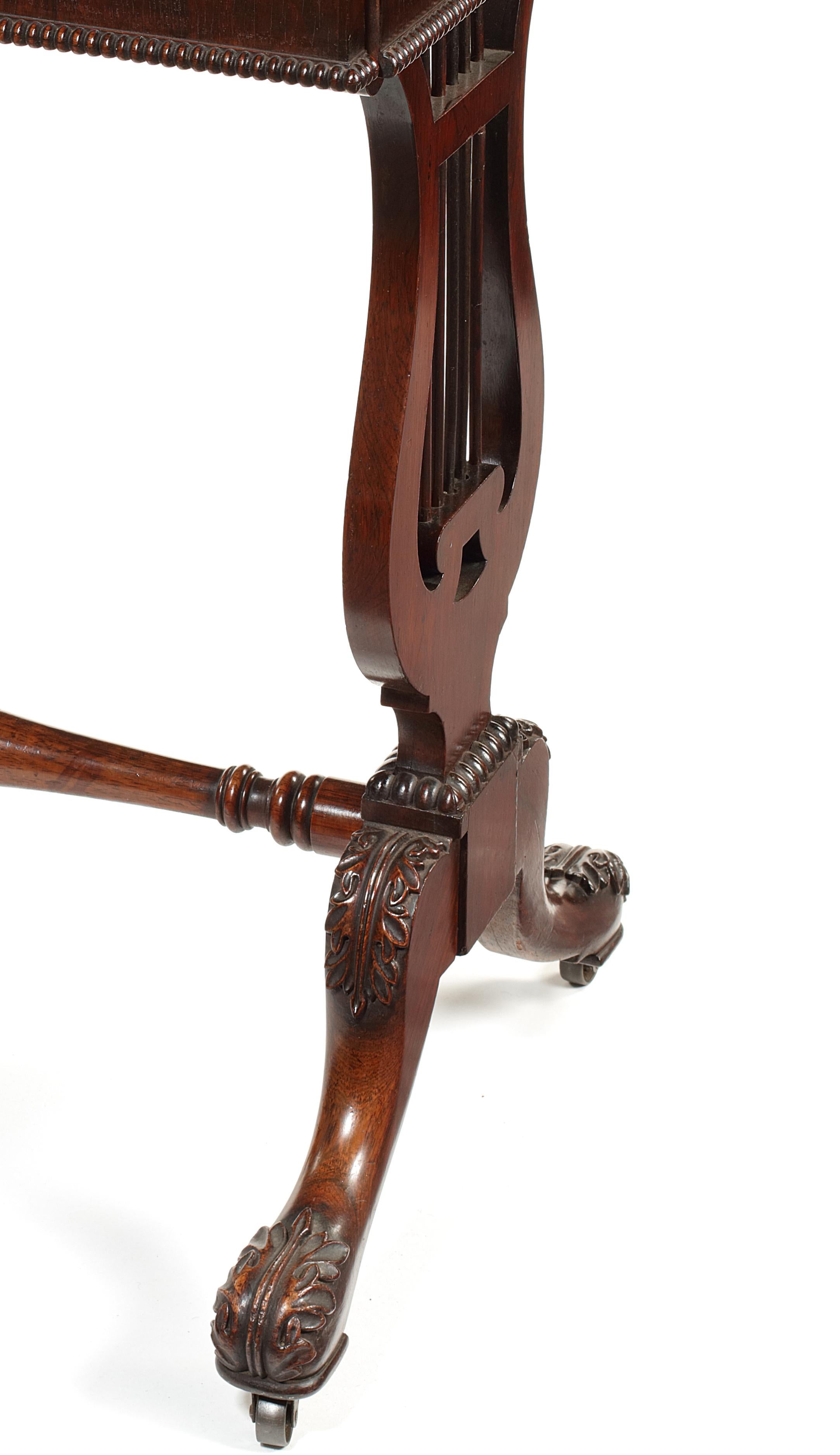 Carved William IV Rosewood Lyre End Work Table Attributed to Gillows