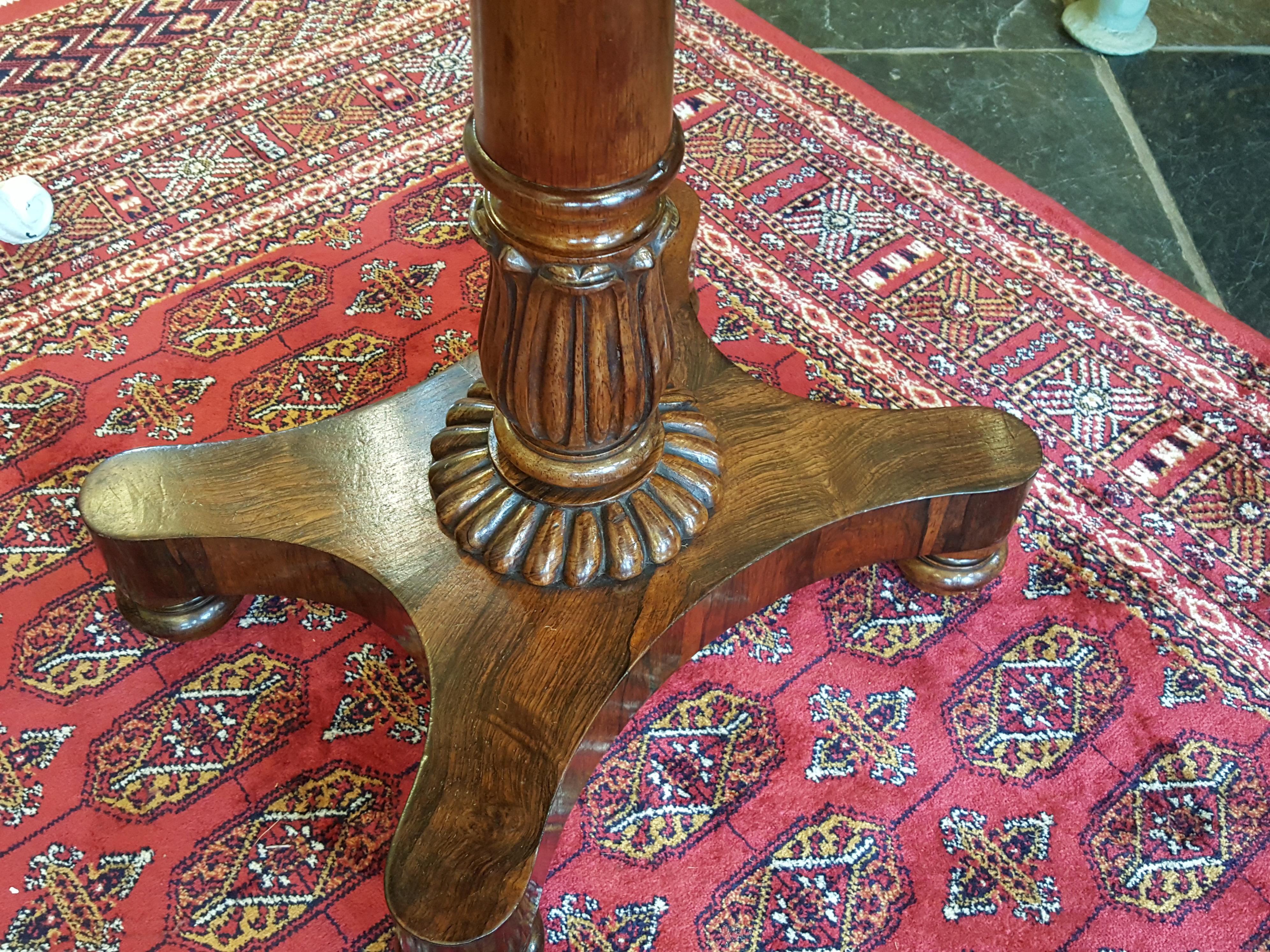 William IV rosewood side wine table with acanthus leaf carved column, gadrooned quadriform base and bun feet.
Measures: 21