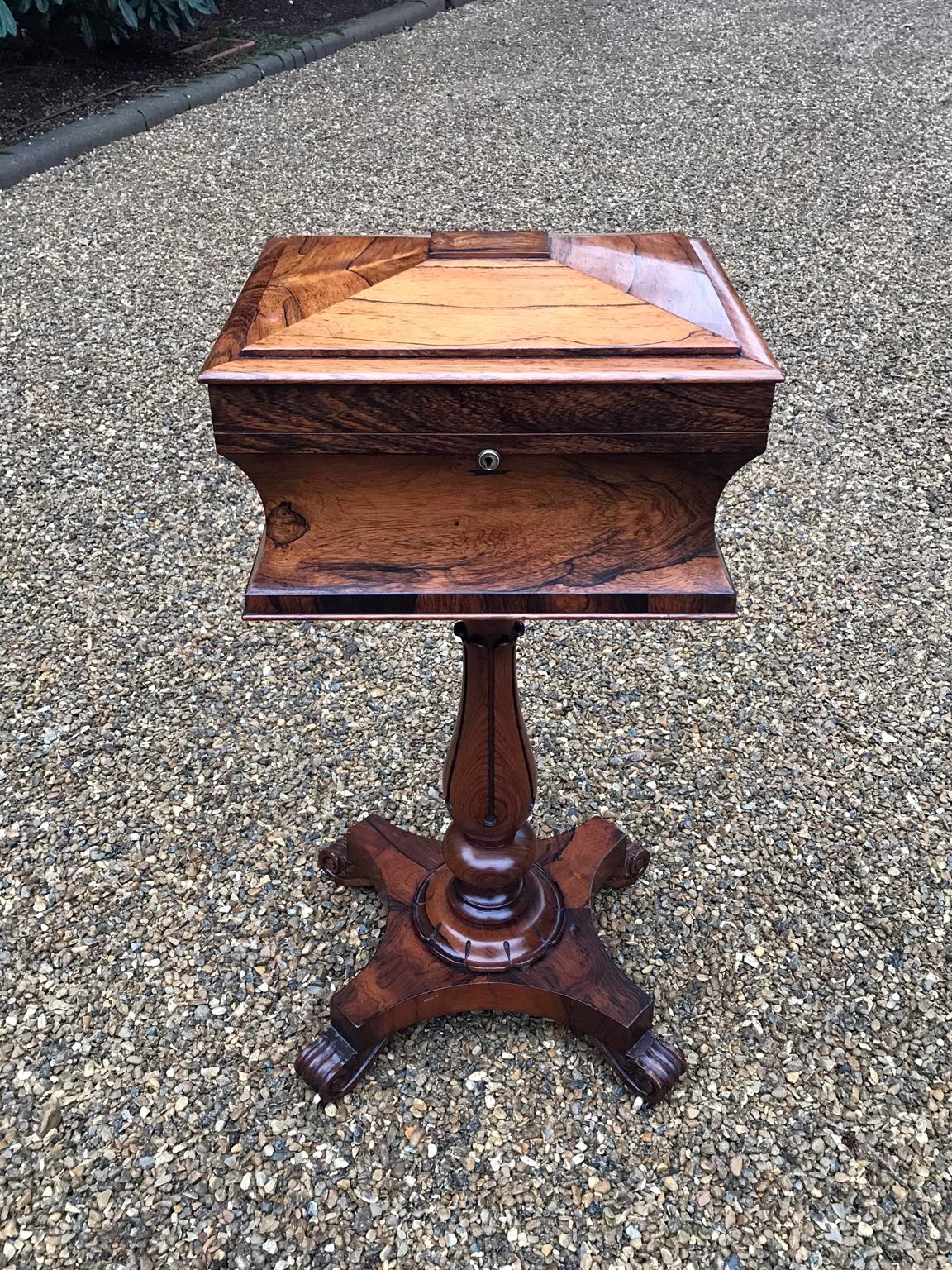 19th century William IV rosewood teapoy on stand with a solid rosewood column and shaped base on scroll feet.
Used as a jewelry box or sewing box,
circa 1830.
Dimensions:
Width 15 inches – 39 cms
Depth 13 inches – 33 cms
Height 31 inches – 80