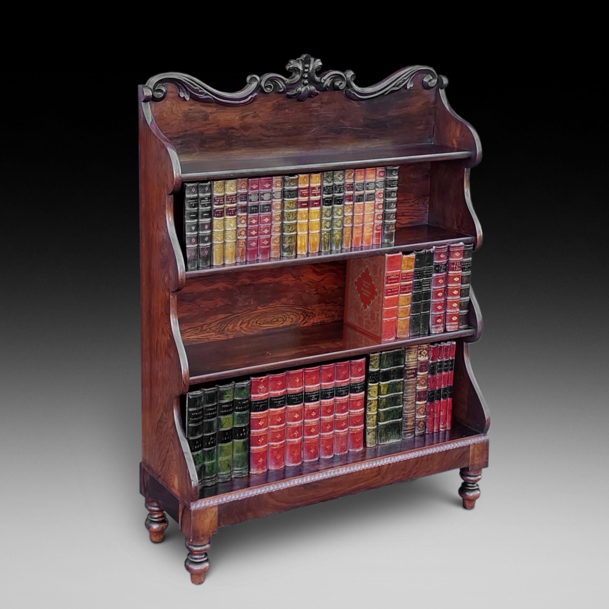 William IV Rosewood & Faux Rosewood Waterfall Dwarf Bookcase with carved foliage gallery and gadroon moulded base on turned feet bun feet - 36