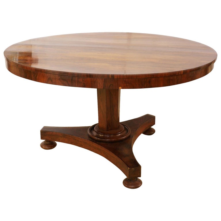 William IV Round Rosewood Three Footed Pedestal Center Table or Dining Table