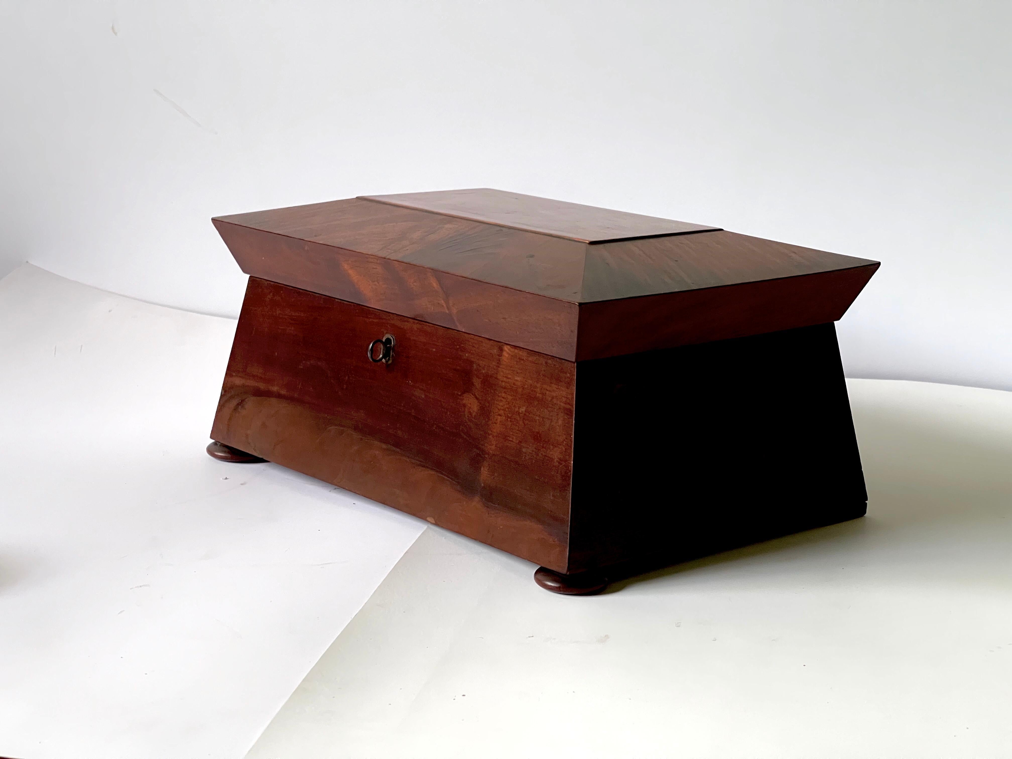 19th century English William IV sewing box of a sarcophagus form with a domed lid and raised on front bun feet. The hinged top opens to reveal bright magenta accents on its interior. The removable tray is fitted with lidded and open compartments and