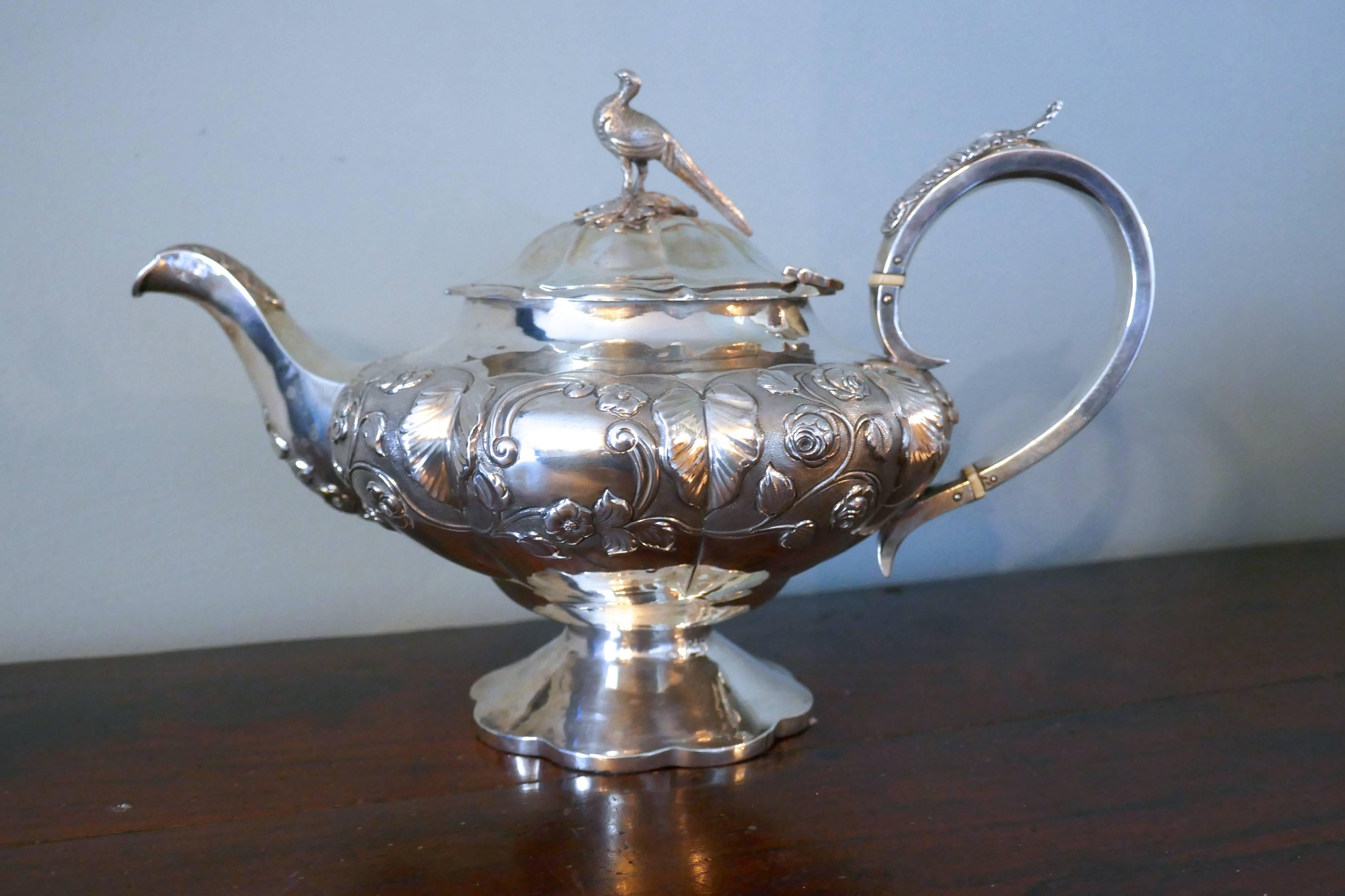 William IV silver four piece tea and coffee set by William Hewitt, London, 1836.

This pretty set is in very good condition with no damage or restoration. Each piece has a full set of clear and matching English silver hallmarks.
The silver melon
