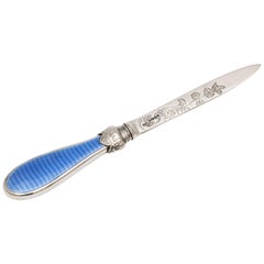 Antique William IV Sterling Silver and Blue Guilloche Enamel Letter Opener/Paper Knife