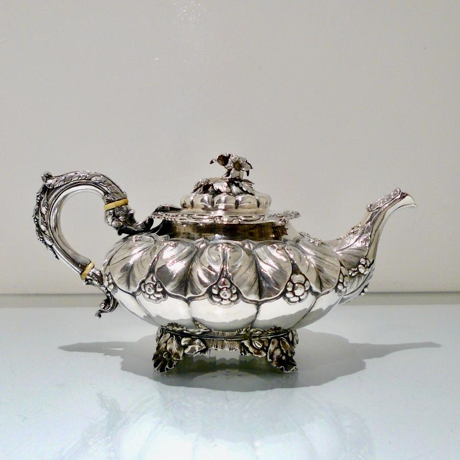 William IV Sterling Silver Irish 3-Piece Teaset Dublin 1830 Robert Smith & J 1