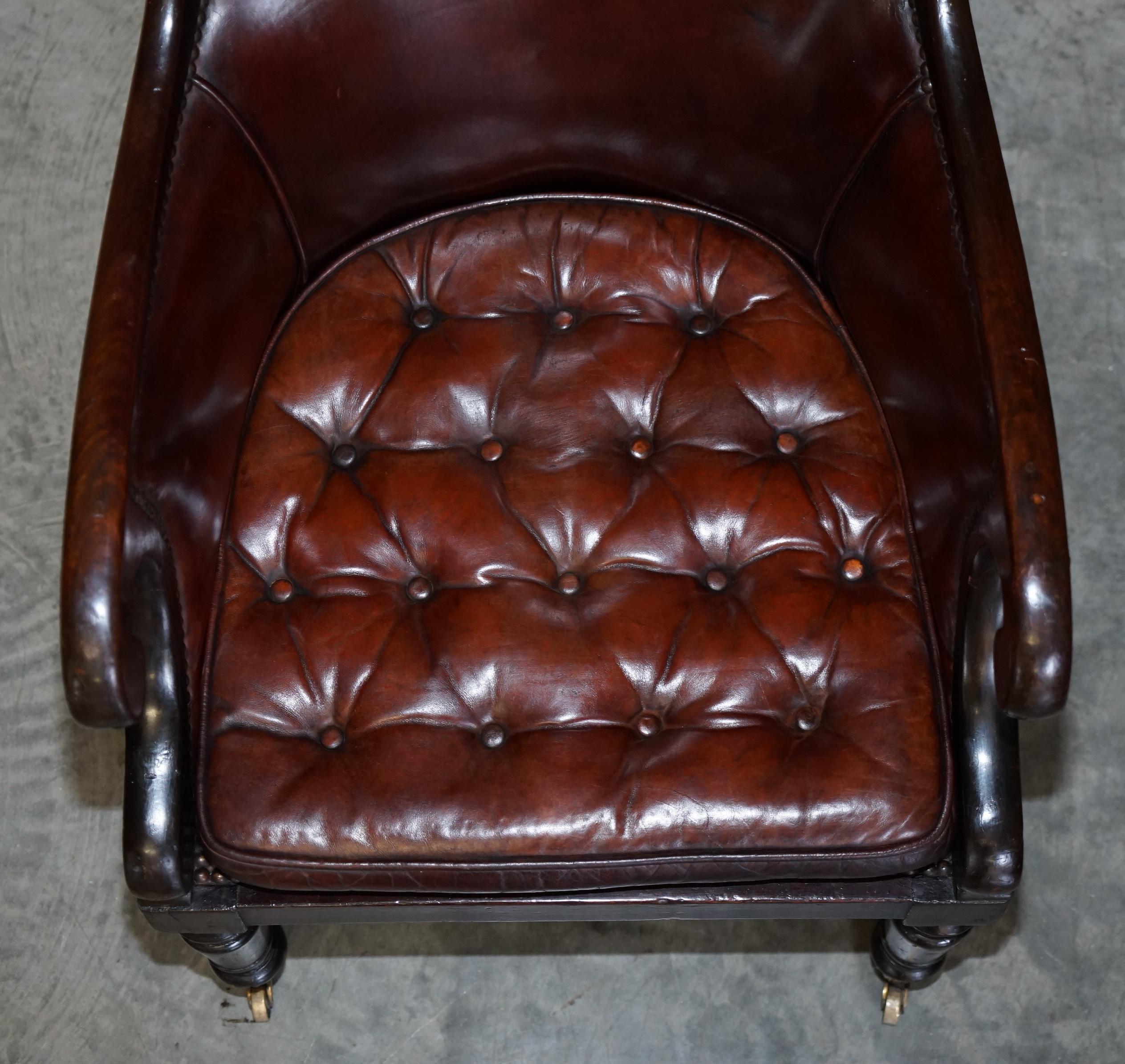 Mid-19th Century William IV Thomas Chippendale Hand Dyed Brand Leather Library Reading Armchair