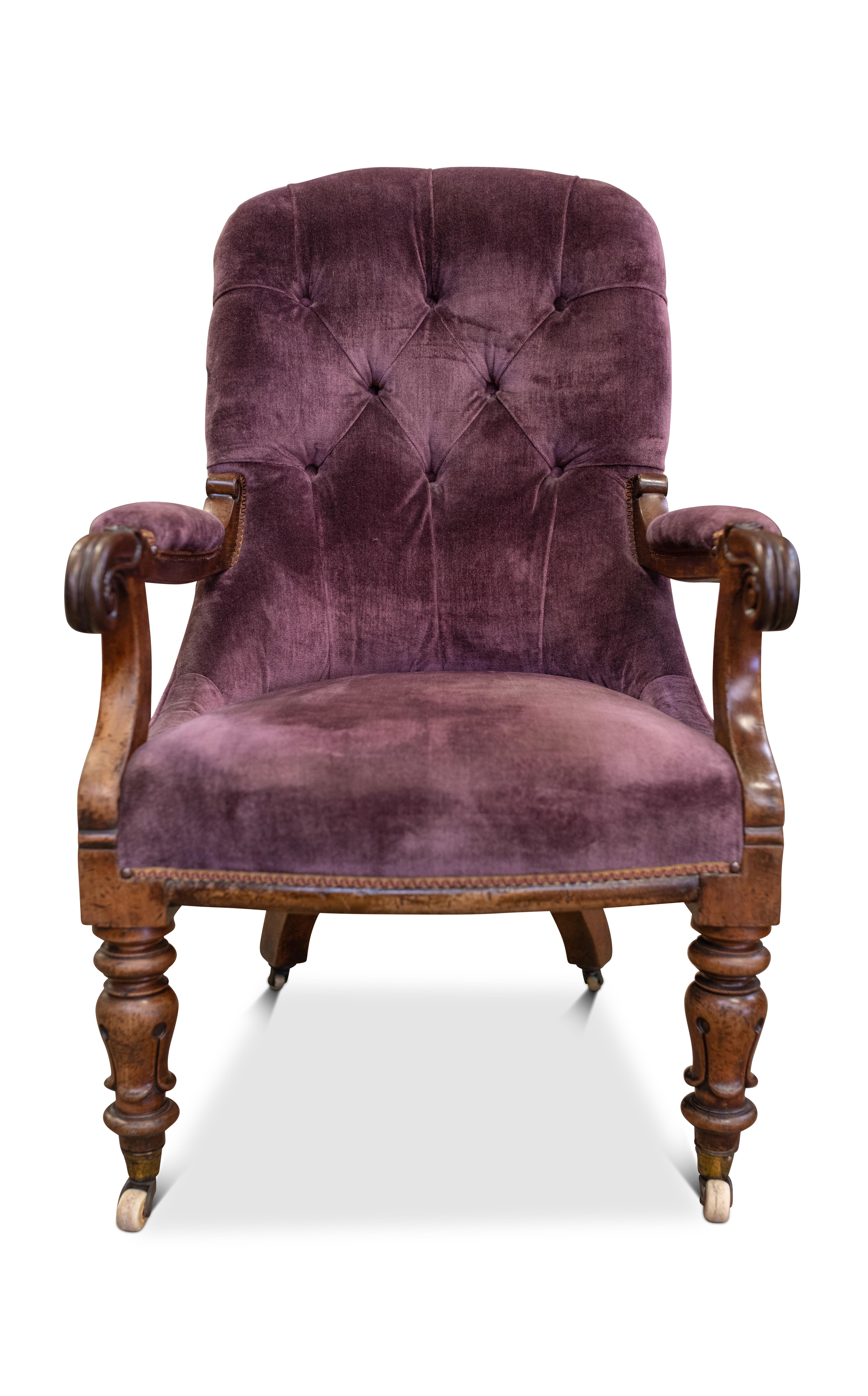 William IV Scroll Arm Button Back Library Slipper Armchair With Purple Velvet Button Back Upholstery upon Porcelain & Brass Castors In The Manner of Gillows

Extra dimensions
Depth of seat 50cm
Width of seat 51cm
Height to arms 63cm
