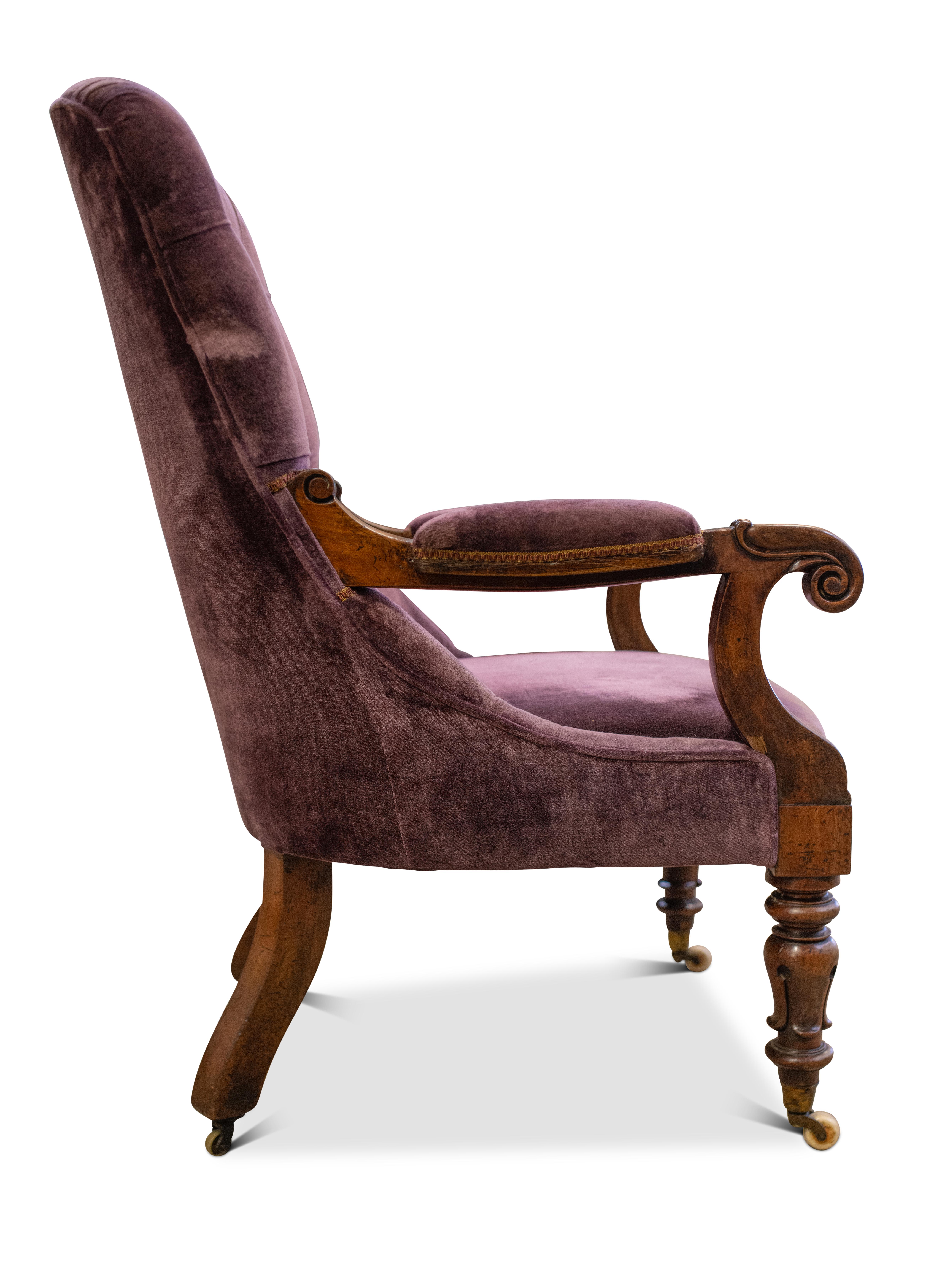 British William IV Velvet Scroll Arm Library Slipper Chair In The Manner of Gillows For Sale