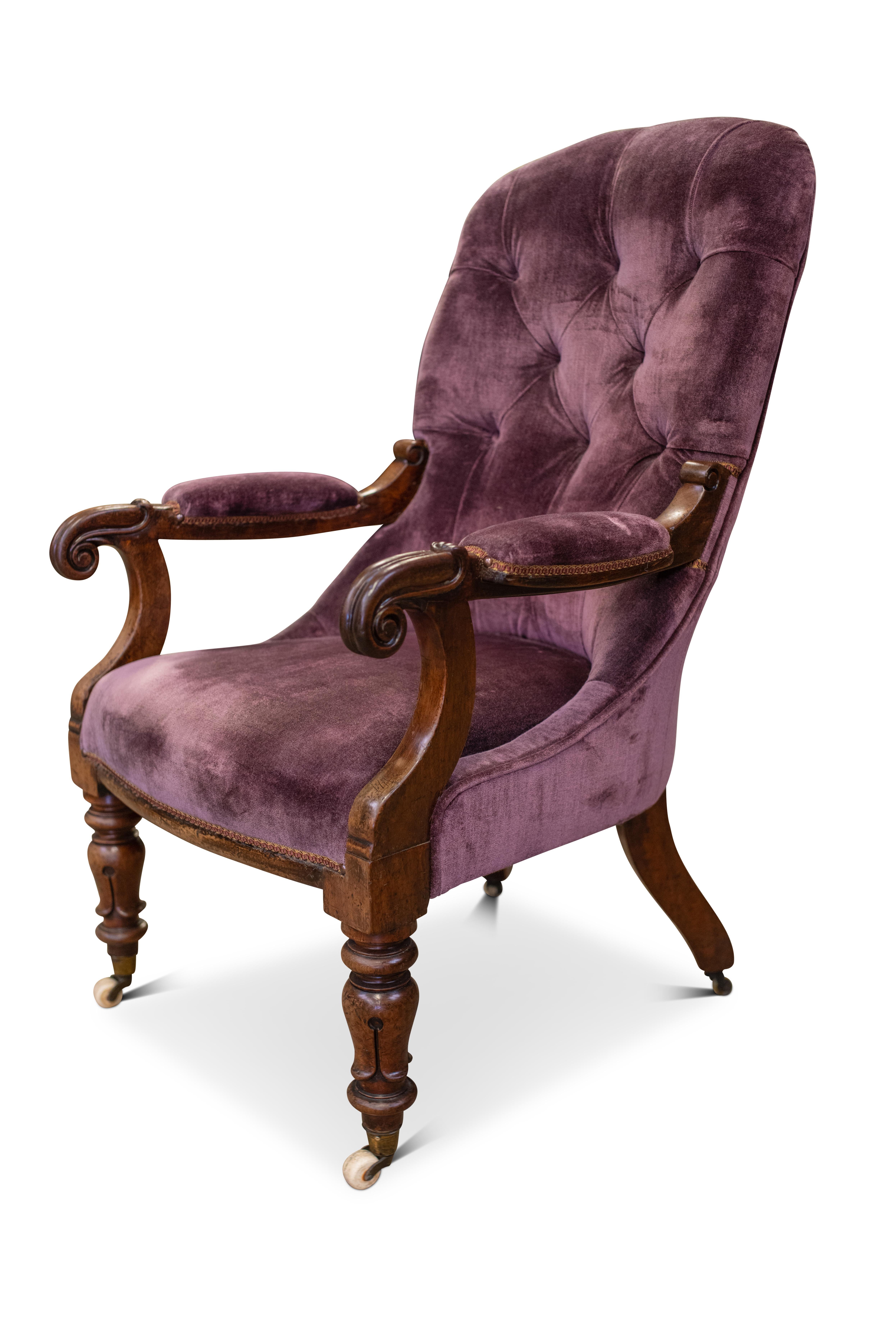 William IV Velvet Scroll Arm Button Back Library Armchair & Porcelain Castors  In Good Condition For Sale In High Wycombe, GB