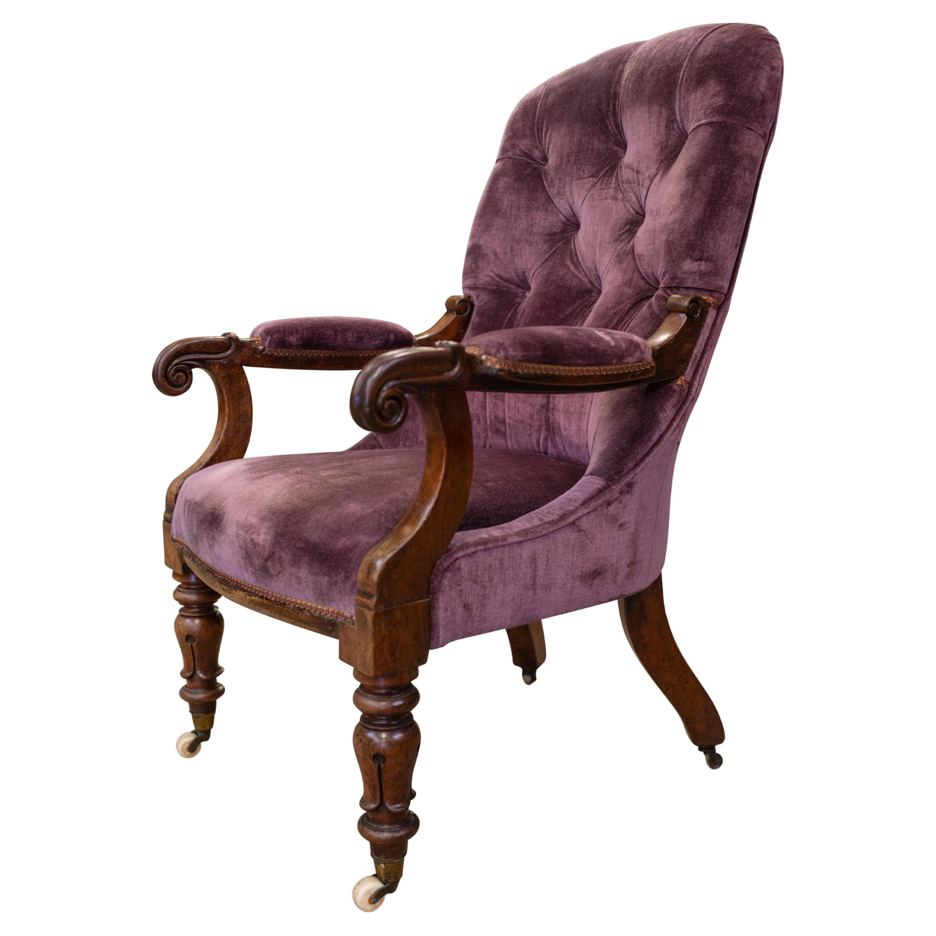 William IV. Bibliotheks-Sessel ohne Armlehne aus Samt mit Schnörkelarm in der Art von Gillows