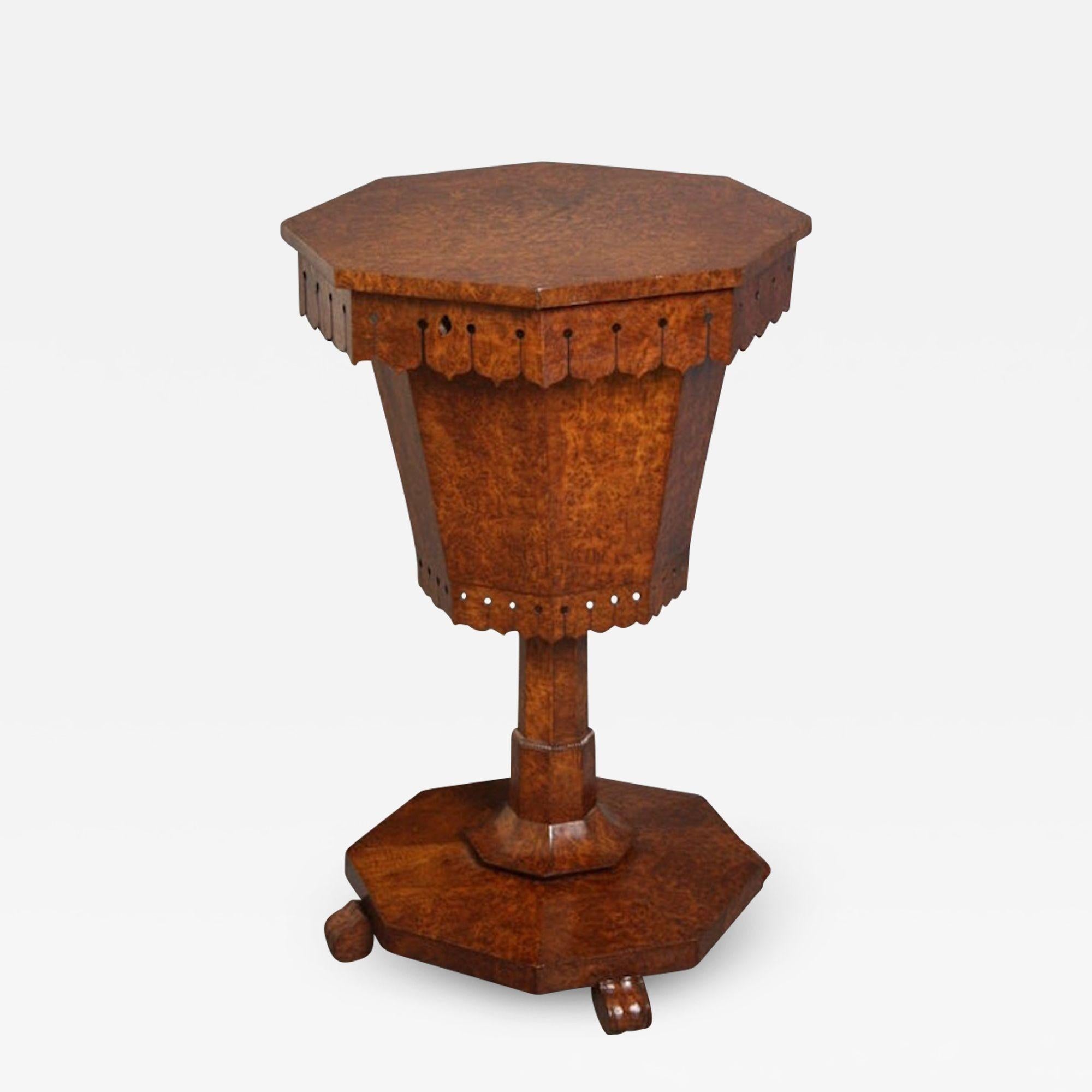 SN2416 Fine quality and very unusual, William IV thuya wood work / sewing box, having octagonal well figured top with shaped and carved frieze, tapering box terminating in octagonal column with bobble decoration and platform base, all standing on
