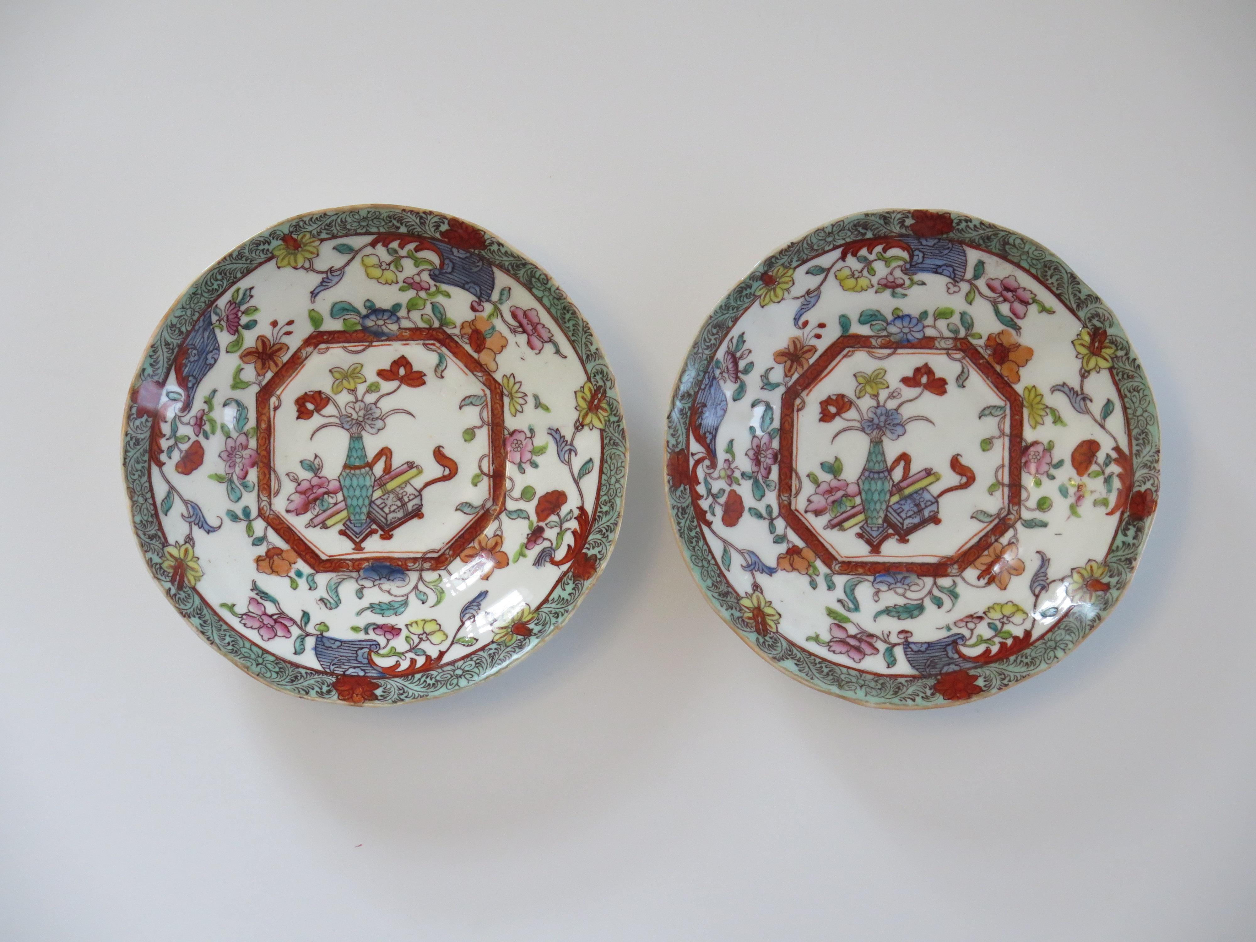 Smaltato William IV PAIR-(A) of C.J. Mason Cups & Saucers Porcelain Ptn 223, Ca 1830 in vendita