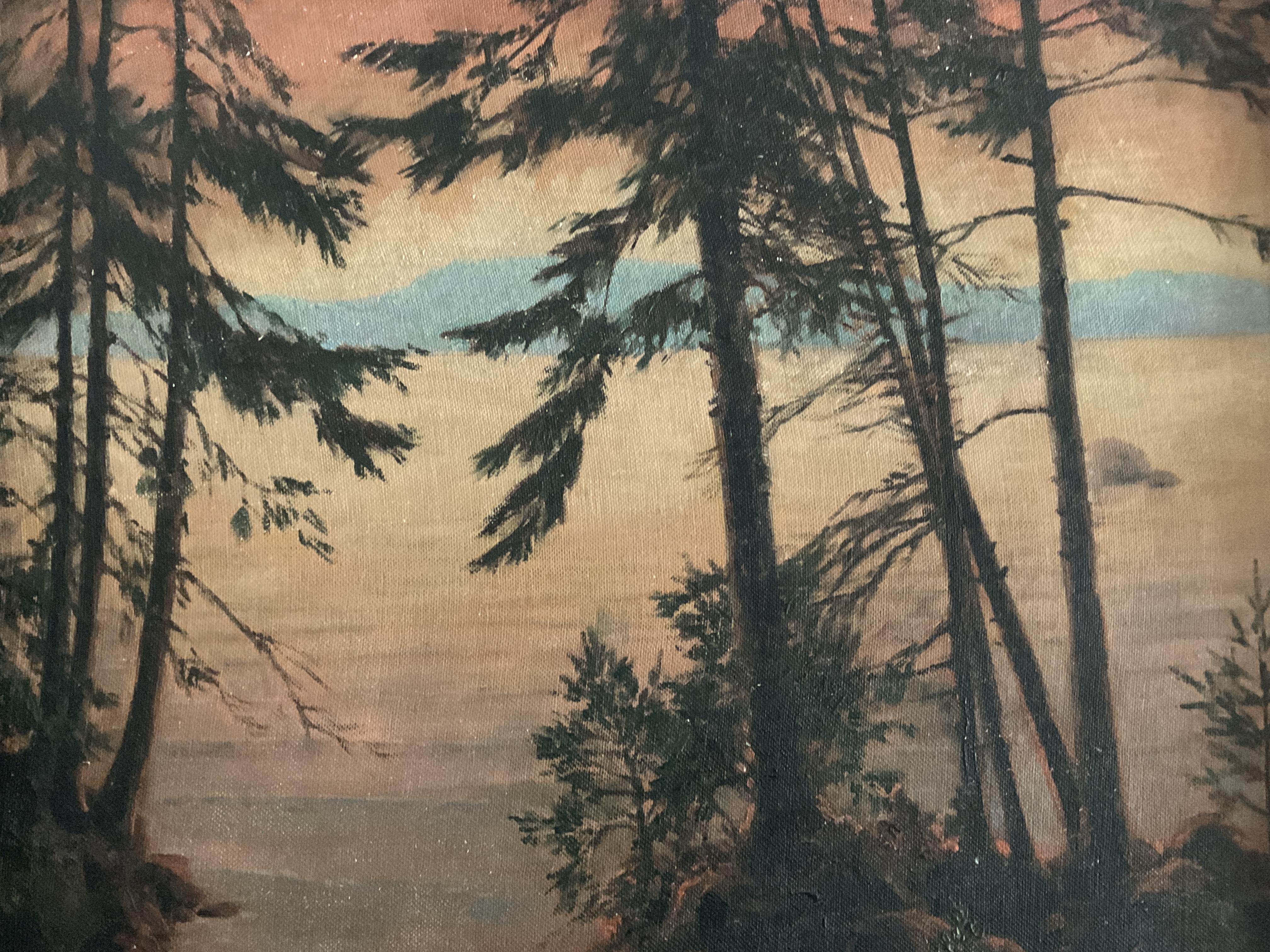 This atmospheric painting is titled “On Puget Sound” and was created by William J. Beck in 1933. It’s a lovely rendition of what seems to be early sunrise light on the Sound.  Beck used the concept of a visual screen to the water and shore beyond by