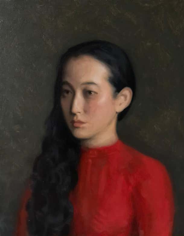 Portret Ree William J Rushton - Life Size Oil Painted Portrait of Woman in Red ...