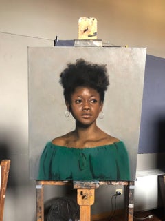 Portrait à l'huile grandeur nature d'une femme en vert (Loredana)